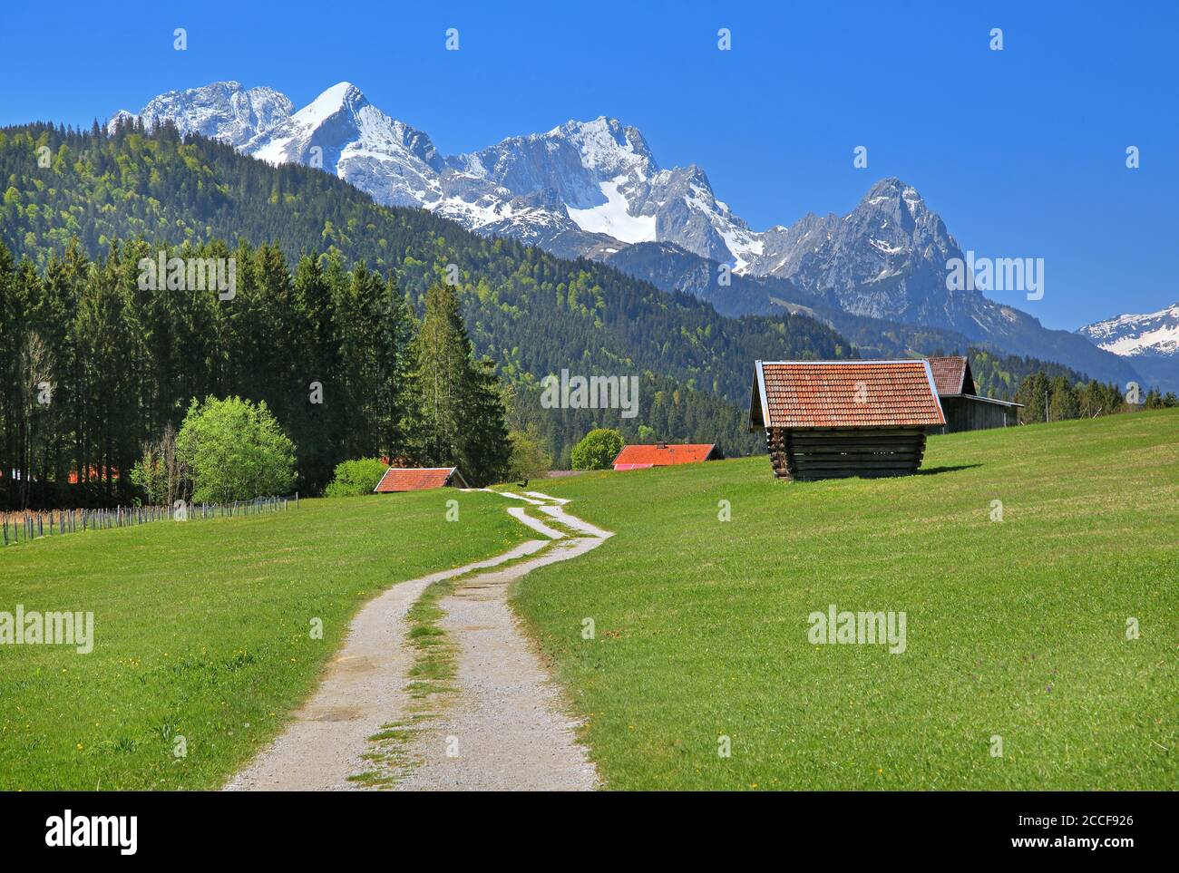 Sentiero escursionistico alla frazione Gerold contro Zugspitzgruppe (2962m), Krün, Werdenfelser Land, alta Baviera, Baviera, Germania Foto Stock