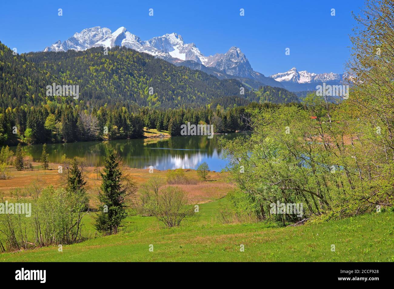 Paesaggio primaverile con Geroldsee alla frazione di Gerold contro Zugspitzgruppe (2962m), Krün, Werdenfelser Land, alta Baviera, Baviera, Germania Foto Stock