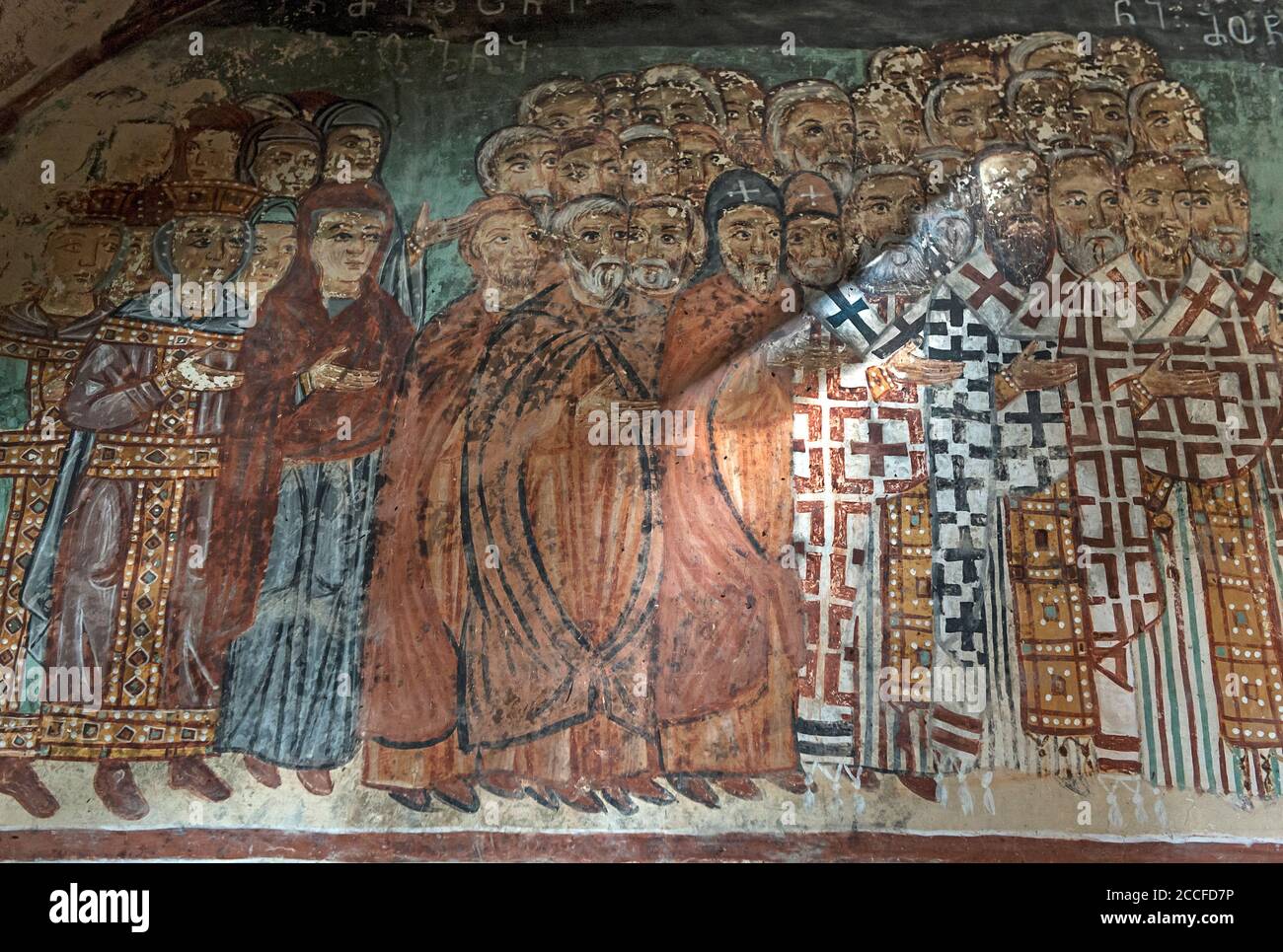 Gruppo di padri della chiesa, affresco del tardo Medioevo, nartece della chiesa di San Nicola nel monastero ortodosso georgiano Qinzwissi, Inner Cart Foto Stock