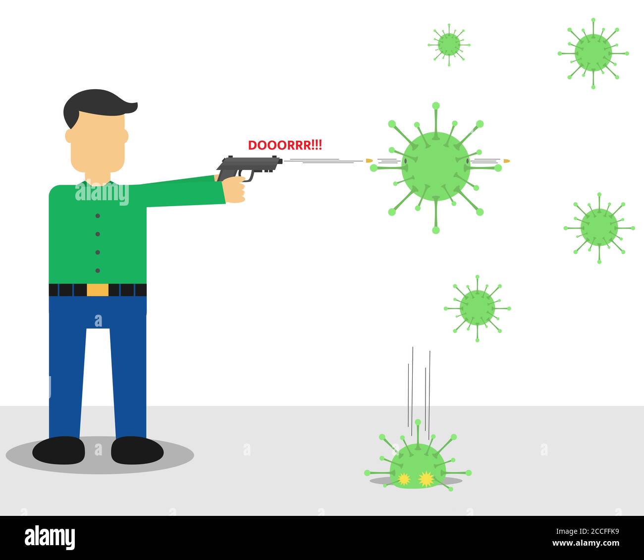 Uomo d'affari che tiene una pistola e sparando virus per proteggersi Illustrazione Vettoriale