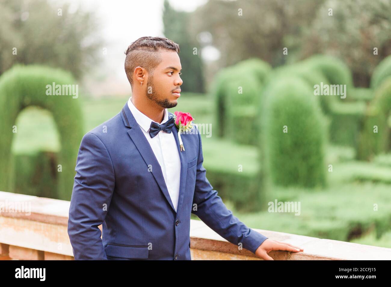 Matrimonio, sposo, giovane uomo, diversità, giardino, orientamento paesaggistico, guardando lontano Foto Stock