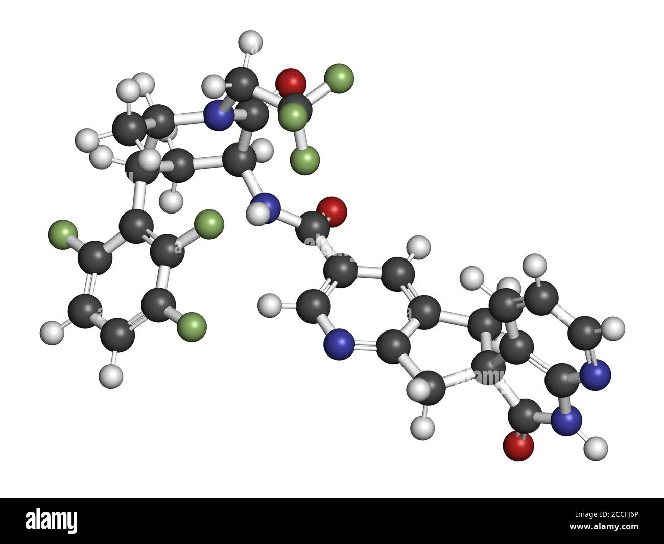 Molecola di farmaco di emicrania di Atogepant (inibitore di CGRP). Rendering 3D. Gli atomi sono rappresentati come sfere con codifica a colori convenzionale: Idrogeno (bianco), ca Foto Stock