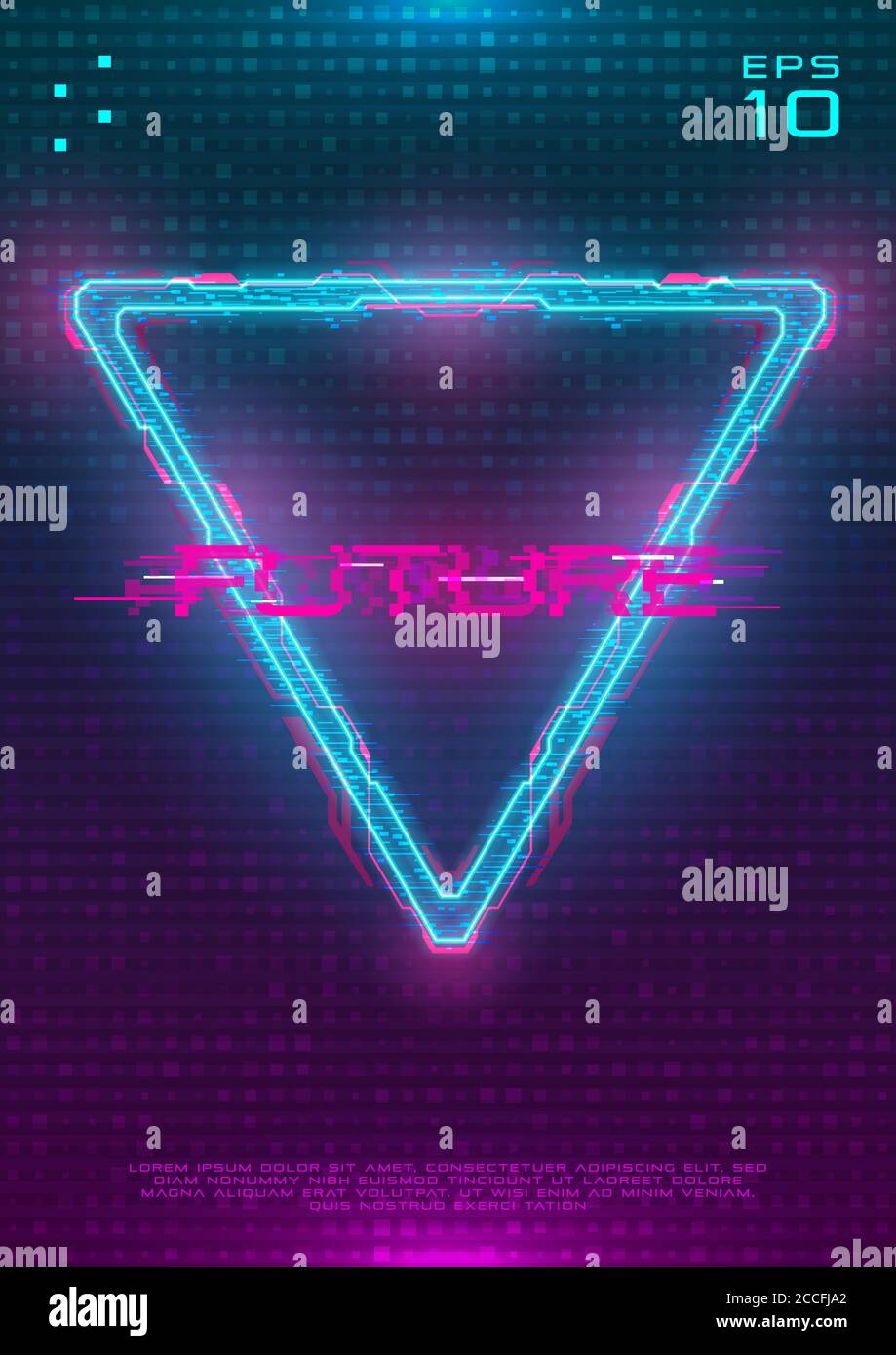 Poster futuristico con triangolo di ologramma cyberpunk illuminato. Modello moderno con triangolo al neon hud blu con scheda a circuito stampato rosa. Bagliore Illustrazione Vettoriale