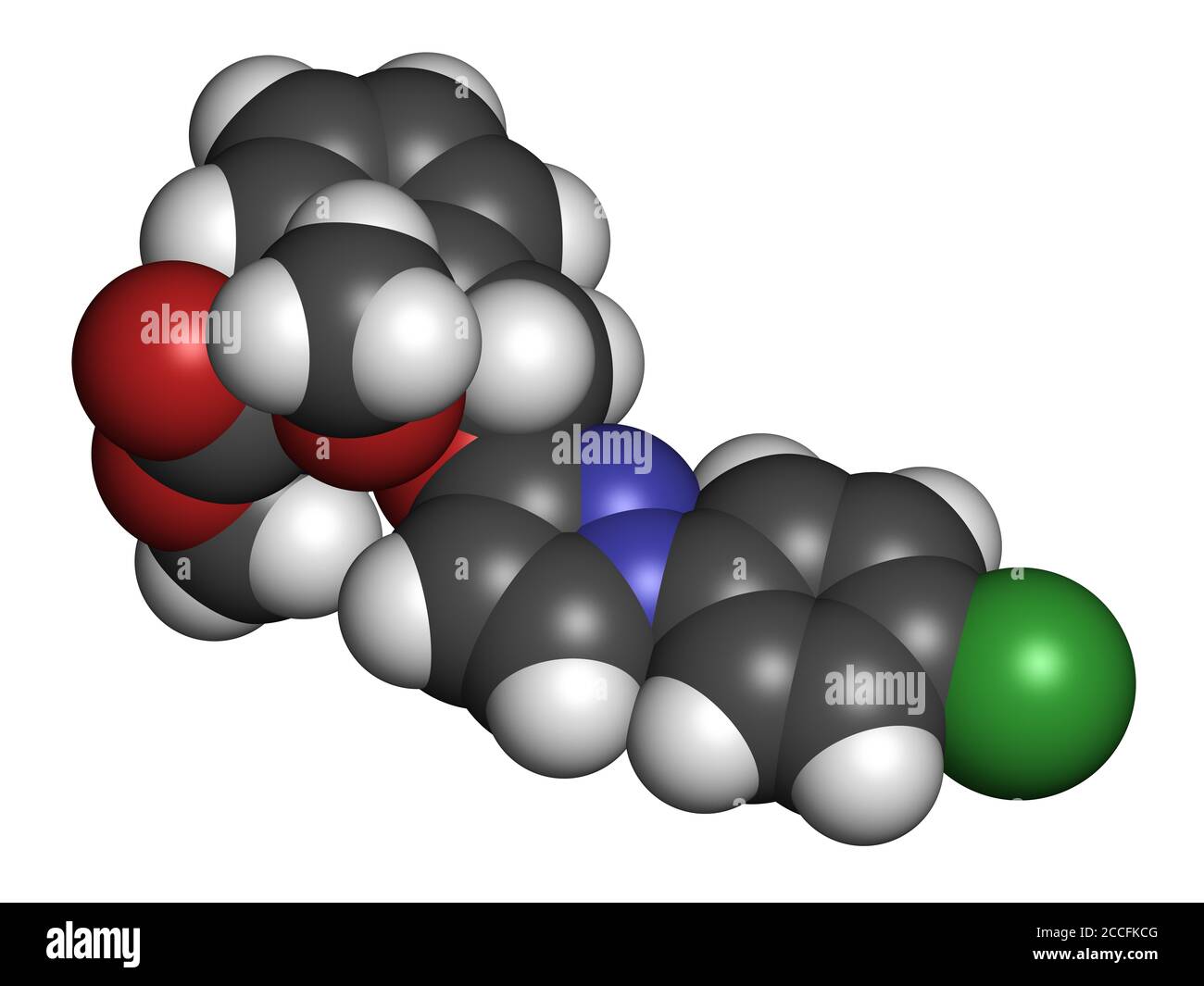 Molecola di fungicida pyraclostrobin. Rendering 3D. Gli atomi sono rappresentati come sfere con codifica cromatica convenzionale: Idrogeno (bianco), carbonio (grigio), nit Foto Stock