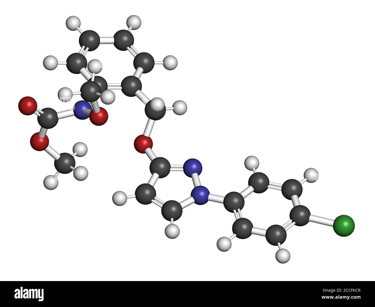 Molecola di fungicida pyraclostrobin. Rendering 3D. Gli atomi sono rappresentati come sfere con codifica cromatica convenzionale: Idrogeno (bianco), carbonio (grigio), nit Foto Stock