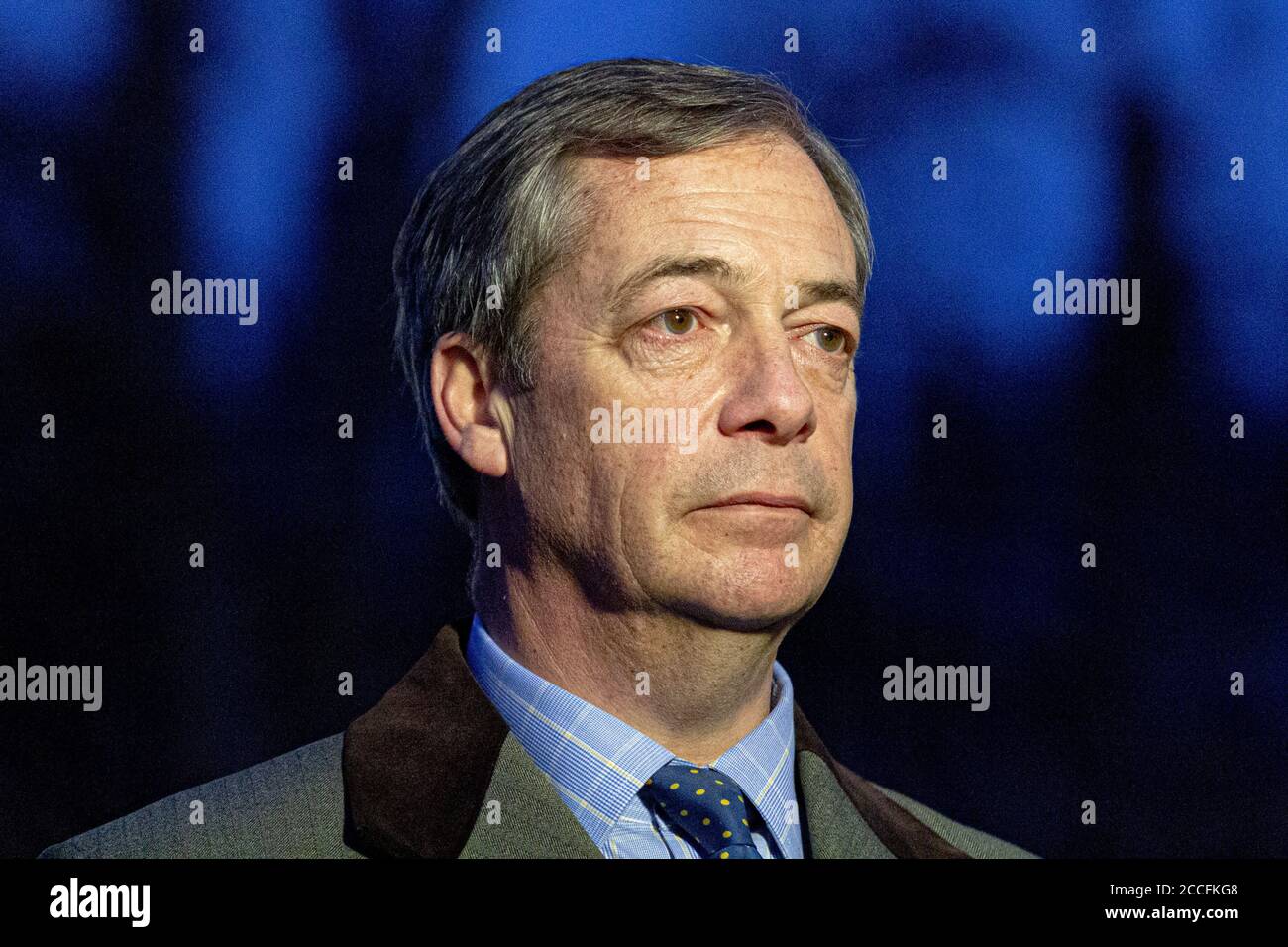 Londra, Inghilterra. Nigel Farage tra interviste al Collegio Verde al di fuori del Parlamento durante il dibattito sulla votazione significativa 10 dicembre 2018 Foto Stock