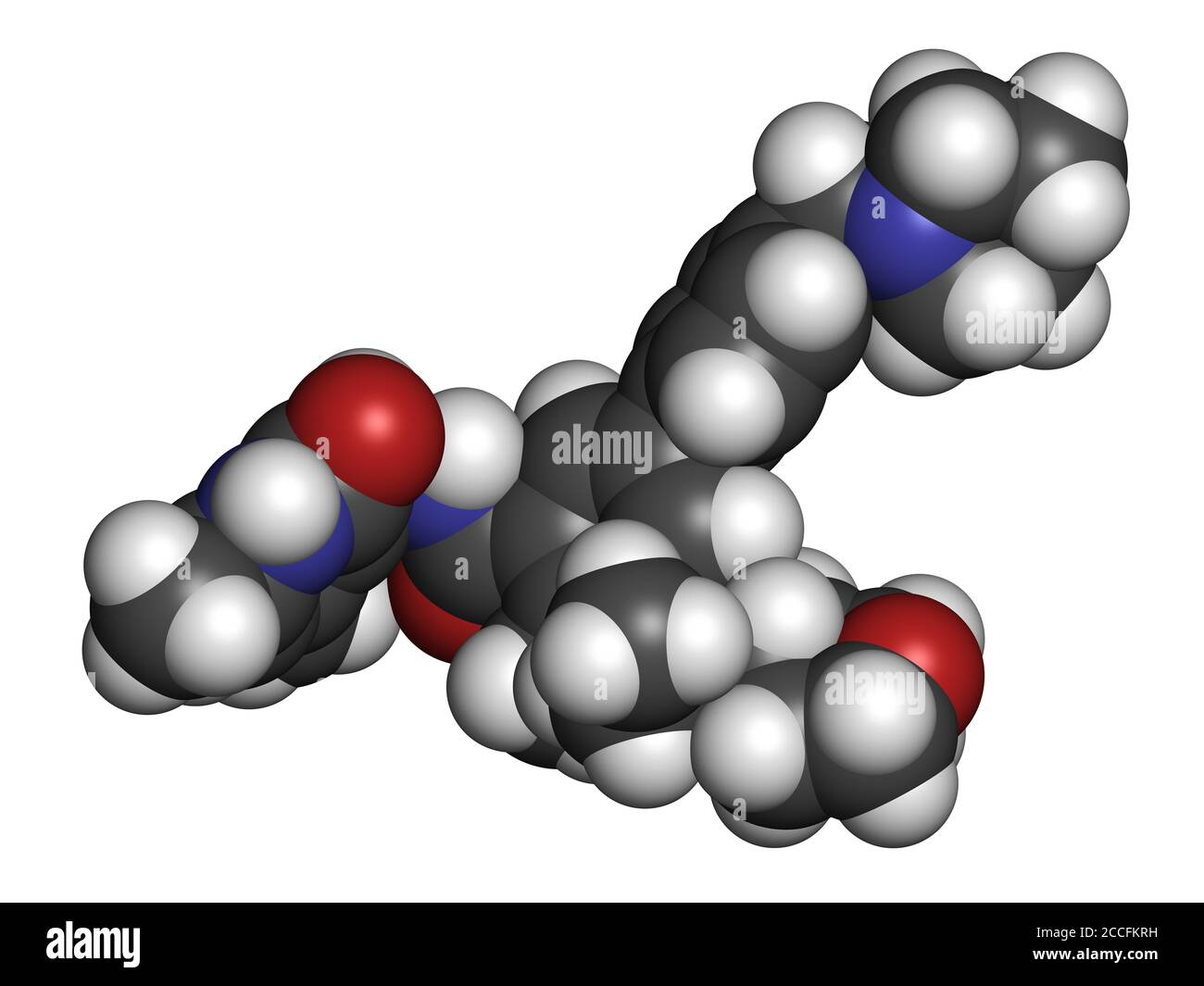 Tazemetostat cancro molecola di farmaco. Rendering 3D. Gli atomi sono rappresentati come sfere con codifica cromatica convenzionale: Idrogeno (bianco), carbonio (grigio), nit Foto Stock
