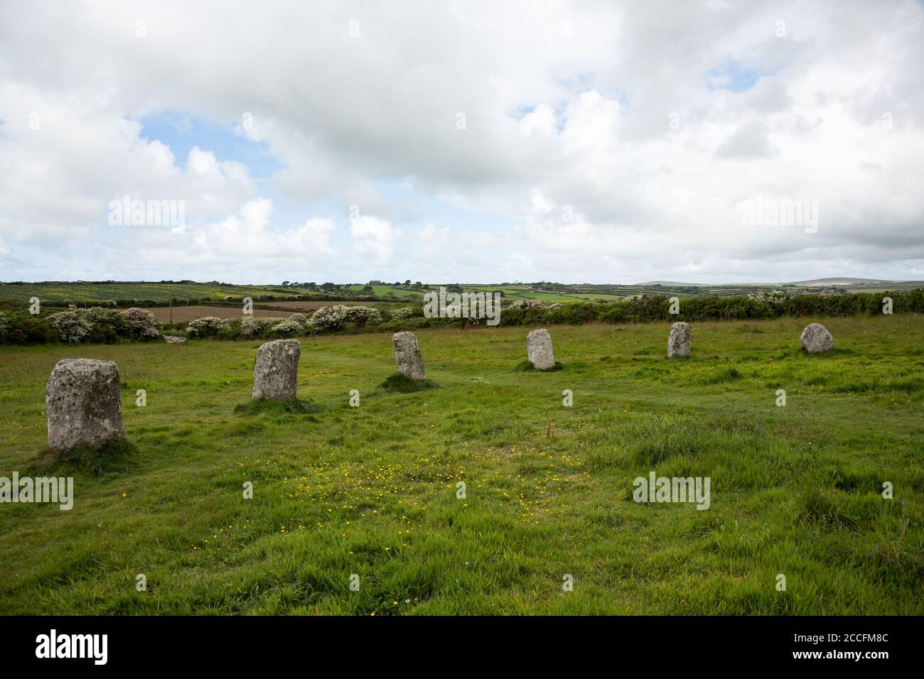 Cerchio di pietra preistorico chiamato Merry Maidens vicino a Penzance, Cornovaglia Regno Unito Foto Stock
