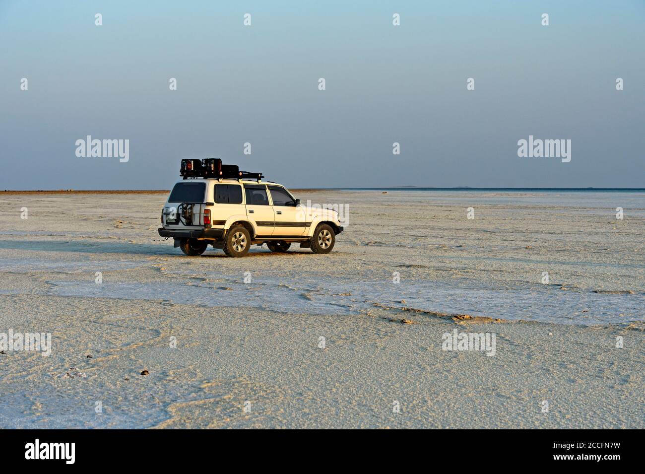 Veicolo 4x4 di un'azienda turistica locale si trova sulla crosta di sale del lago salato Assale, Hamedala, Danakil Valley, Afar Regione, Etiopia Foto Stock