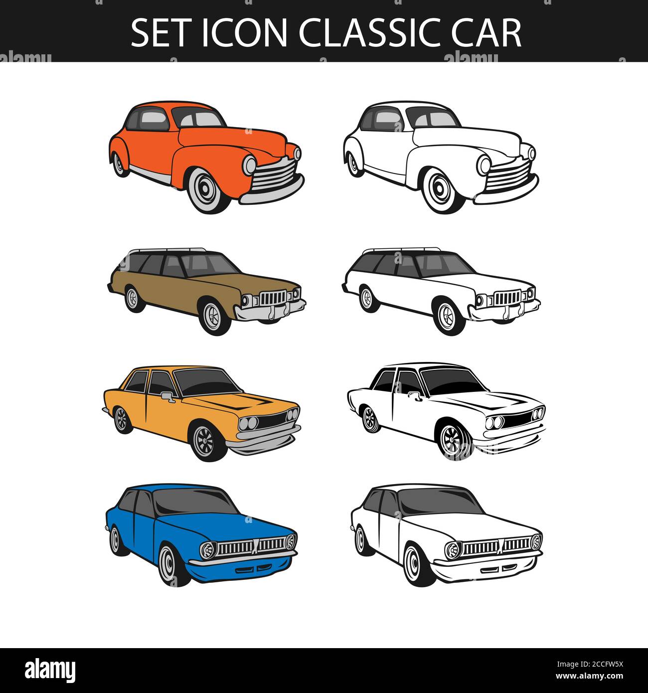 Set di icone per auto rétro. Auto d'epoca Vectors.EPS 10 Illustrazione Vettoriale