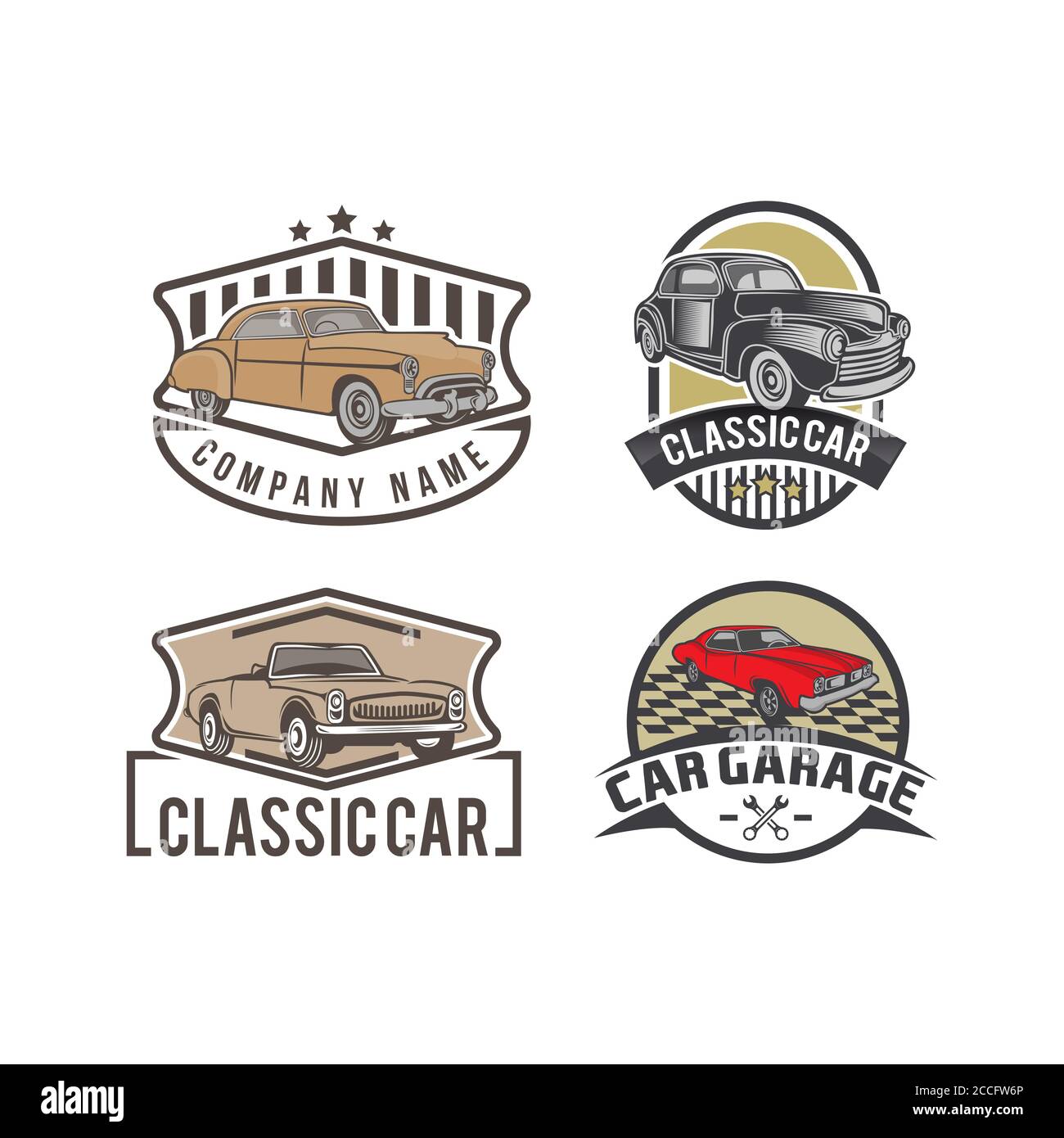 Set di emblemi per auto retrò, icone isolate su sfondo bianco. Garage e riparazione auto di servizio.EPS 10 Illustrazione Vettoriale