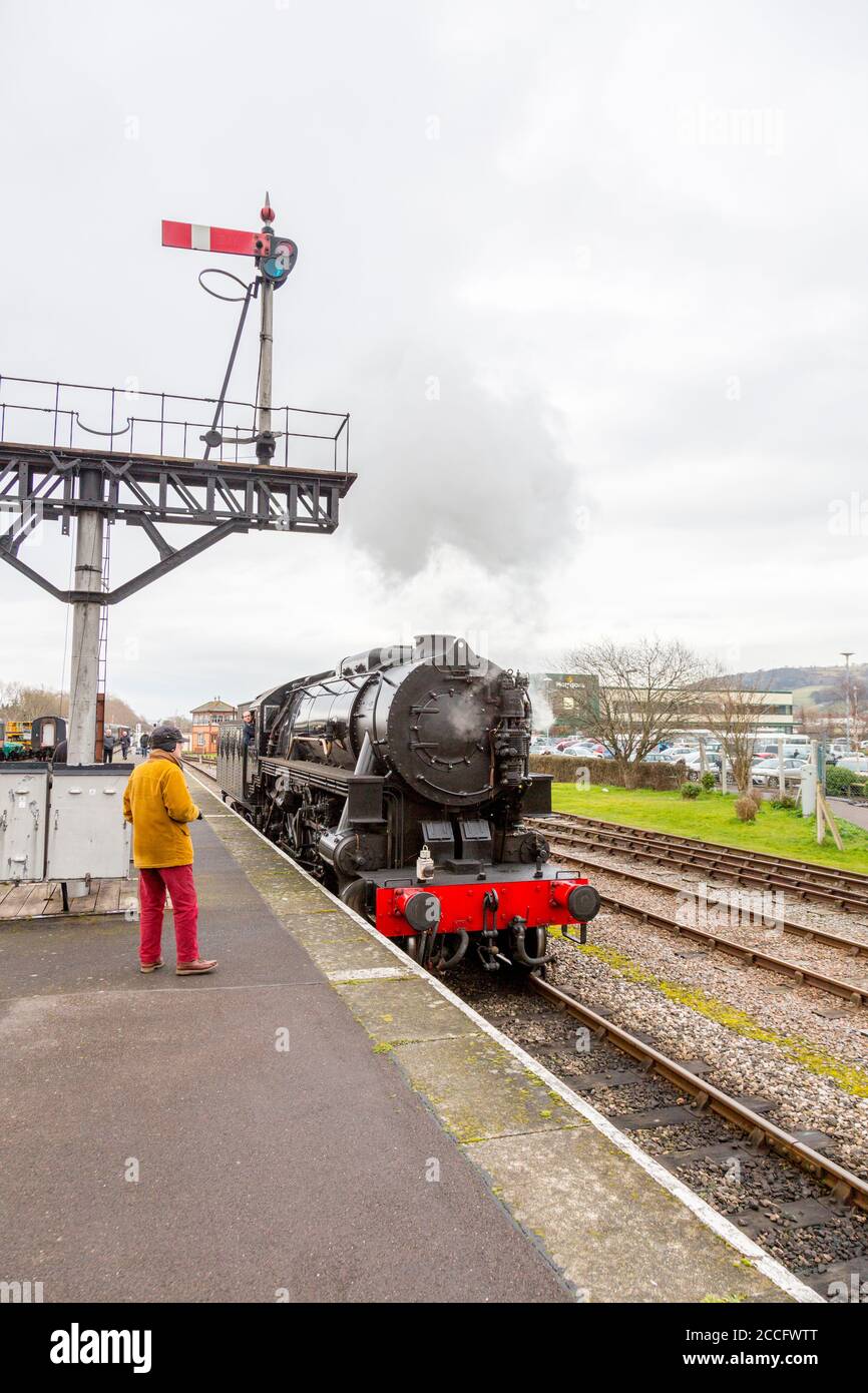 Ex-USA S160 Steam loco 6046 presso la stazione di Minehead, West Somerset Railway Spring Gala, Inghilterra, Regno Unito Foto Stock