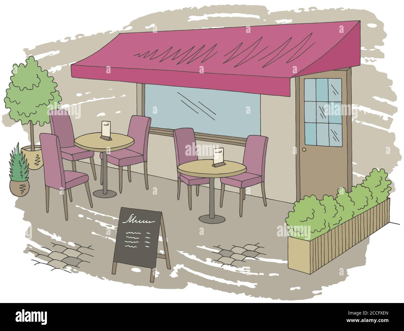 Street cafe grafico colore schizzo illustrazione esterna vettore Illustrazione Vettoriale