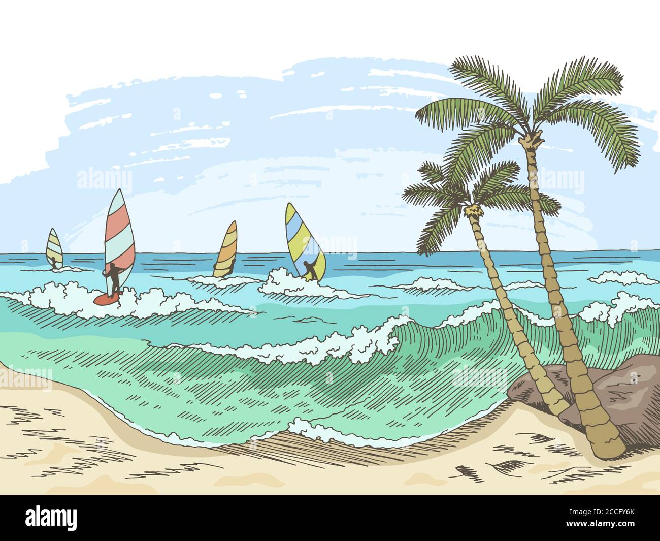 Sea windsurfing grafico colore Seascape disegno vettore Illustrazione Vettoriale
