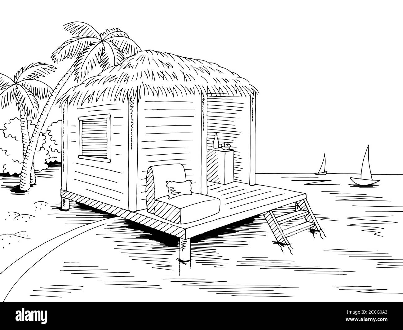 Bungalow capanna casa costa spiaggia grafica nero bianco mare paesaggio vettore di illustrazione dello schizzo Illustrazione Vettoriale