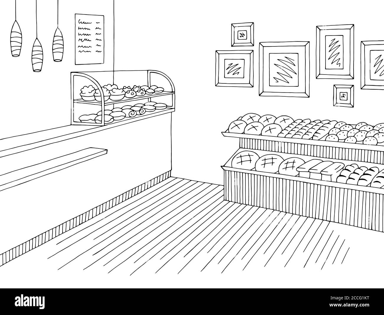 Negozio di alimentari interni nero bianco grafico disegno vettore illustrazione Illustrazione Vettoriale