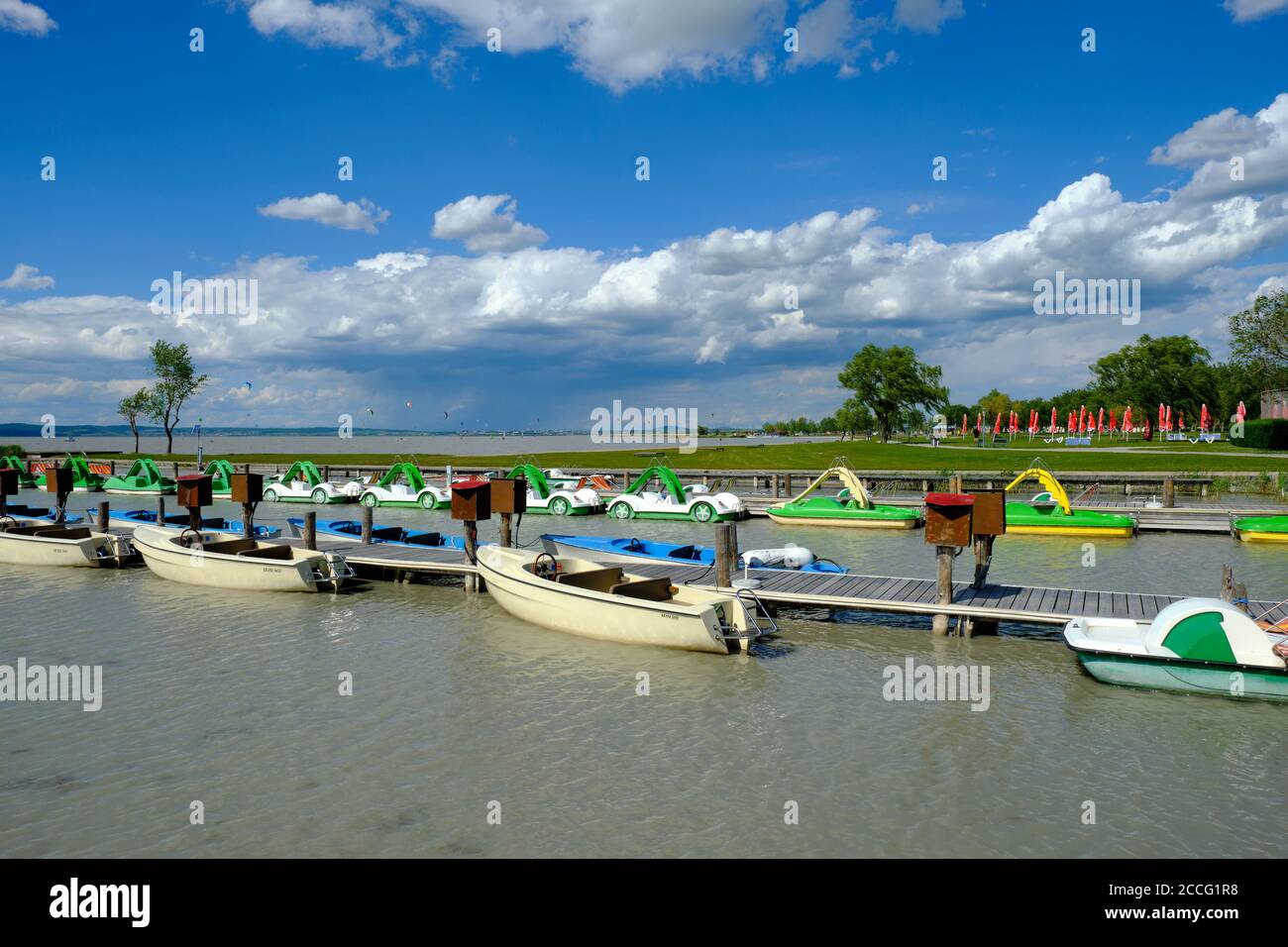 Il Neusiedler See a Podersdorf am See, Parco Nazionale Neusiedler See, Burgenland, Austria Foto Stock