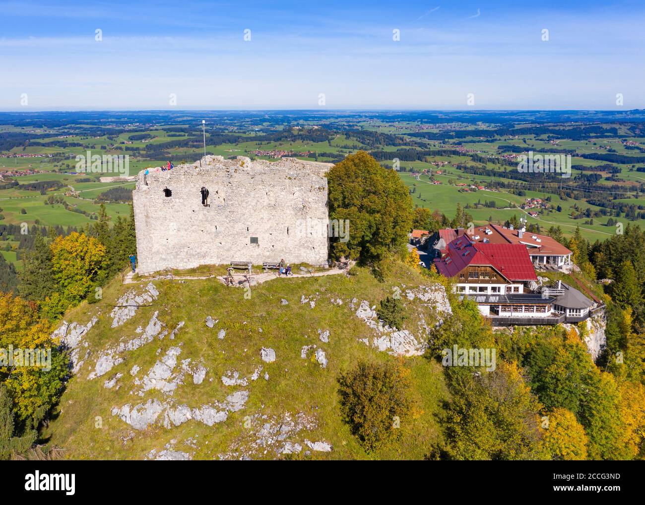 Ruin Falkenstein, vicino a Pfronten, Ostallgäu, Allgäu, vista aerea, Svevia, Baviera, Germania Foto Stock