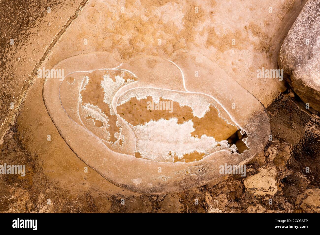 Struttura del ghiaccio e cristallo sul torrente Isar nel Alpi Bavaresi Foto Stock