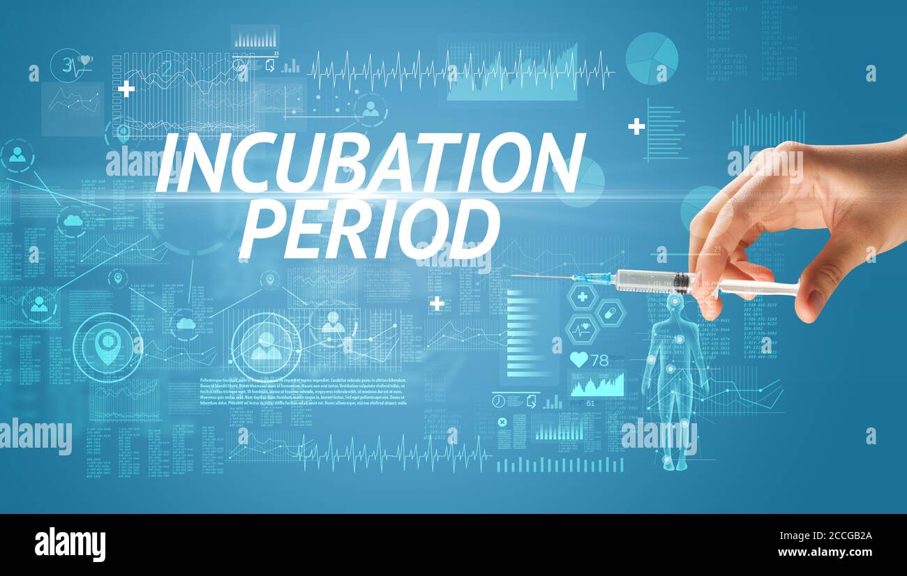 Ago siringa con vaccino virale e iscrizione DEL PERIODO DI INCUBAZIONE, concetto antidoto Foto Stock