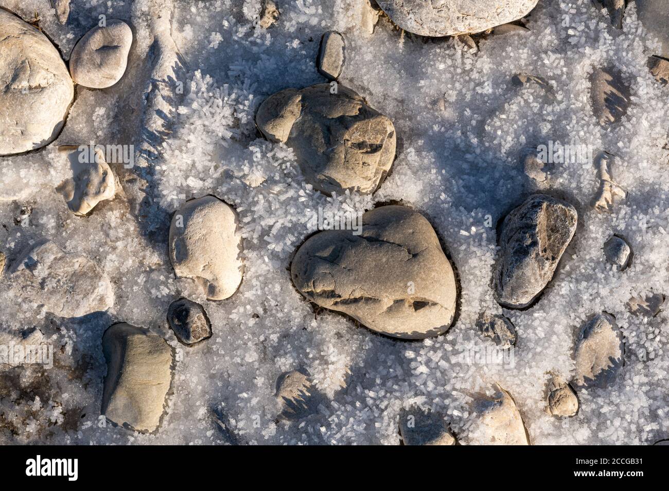 Cristallo di ghiaccio tra pietre nel letto di insenatura dell'Isar, nelle Alpi Bavaresi. Foto Stock
