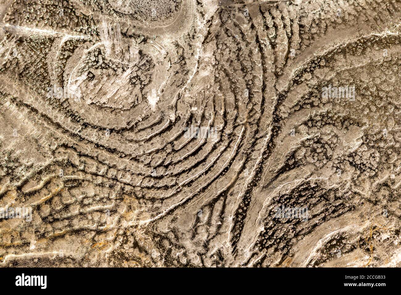 Cristalli di ghiaccio nel letto Isar stream con forme diverse e strutture Foto Stock