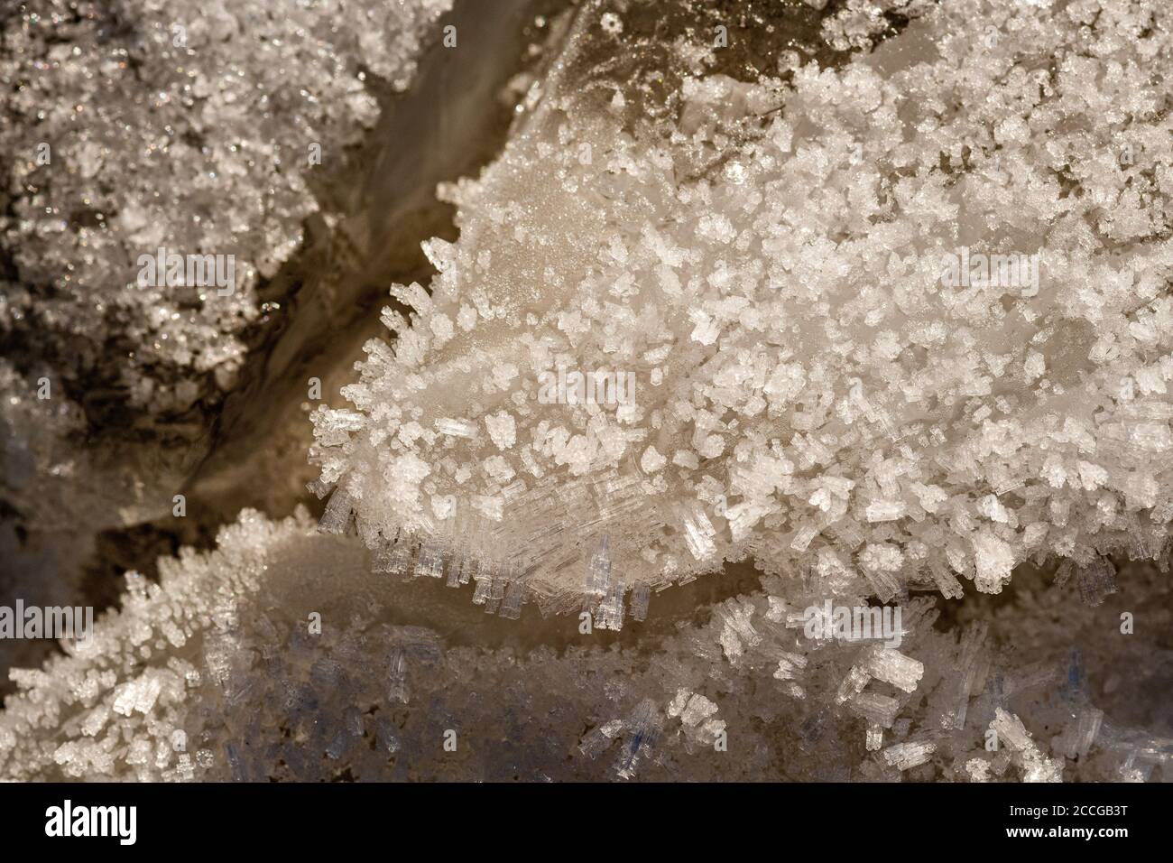 Cristalli di ghiaccio nel letto Isar stream con forme diverse e strutture Foto Stock