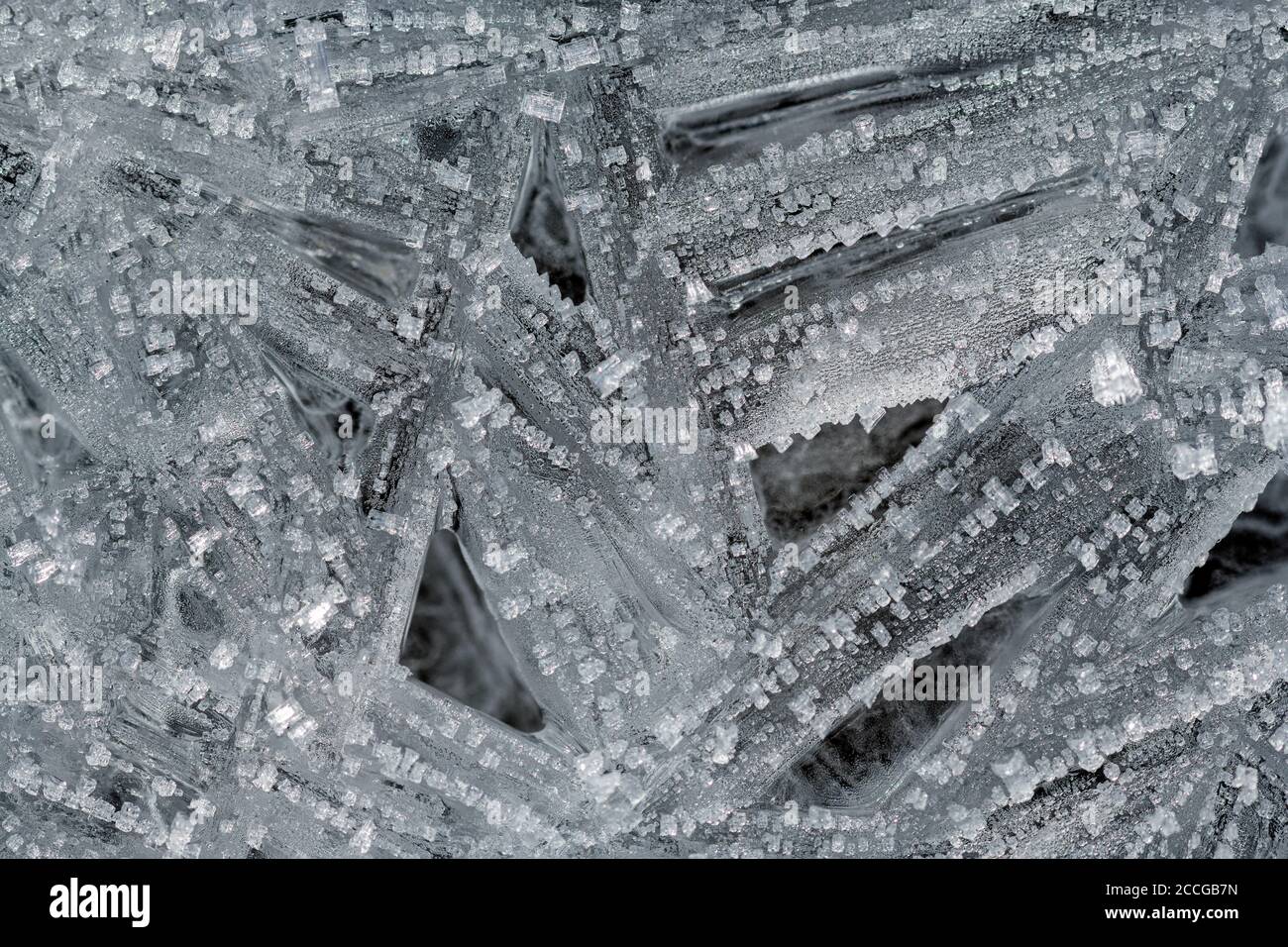Cristalli di ghiaccio nel letto Isar stream con forme diverse e strutture Foto Stock