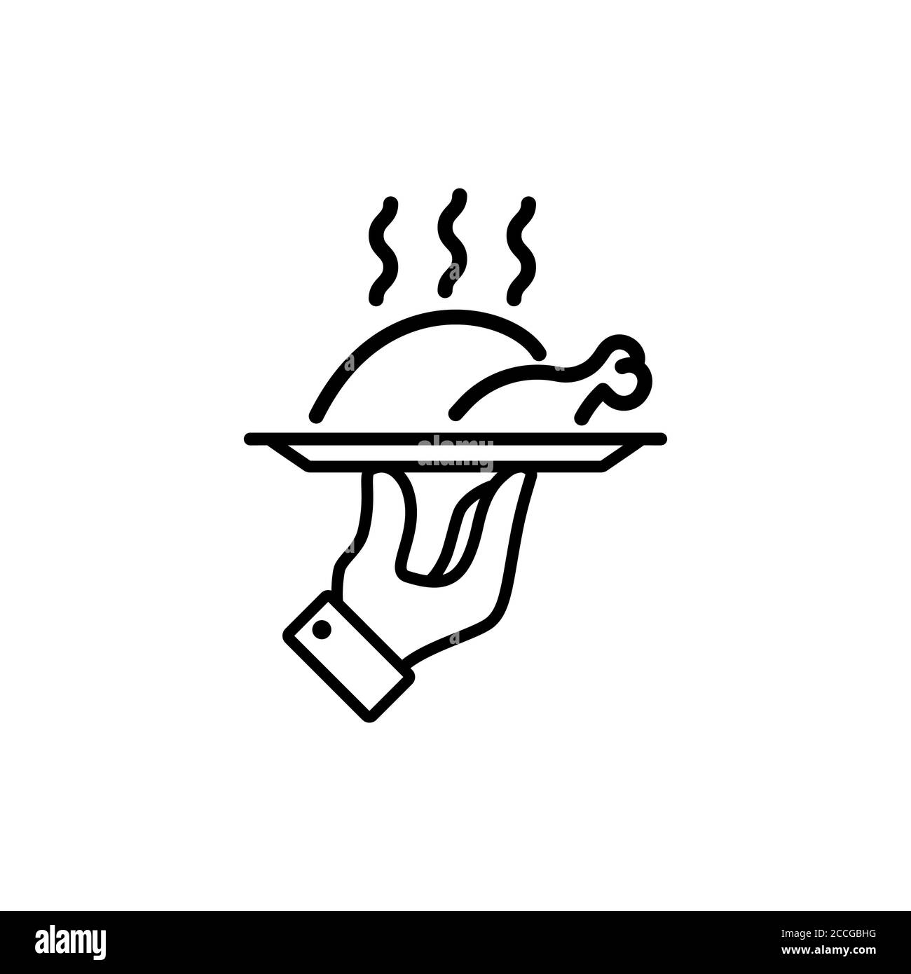 Schiarimento sull'icona di una riga del vassoio. Piatto bollente di carne di pollame arrosto. Cena di Natale. Vettore su sfondo bianco isolato. EPS 10 Illustrazione Vettoriale