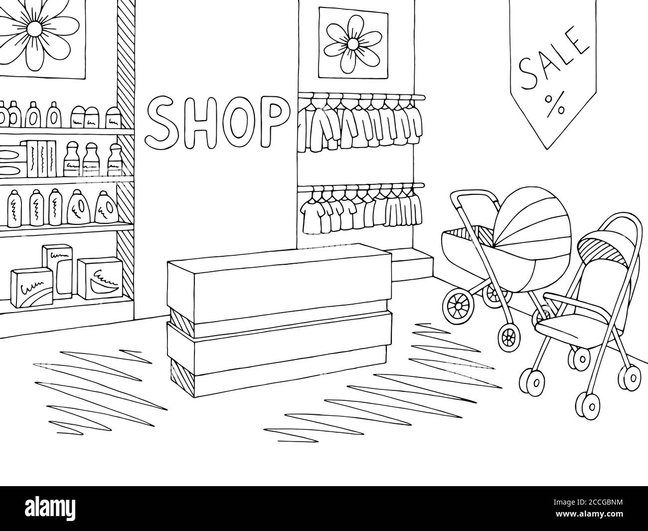 Baby shop grafico bianco nero illustrazione schizzo interno vettore Illustrazione Vettoriale