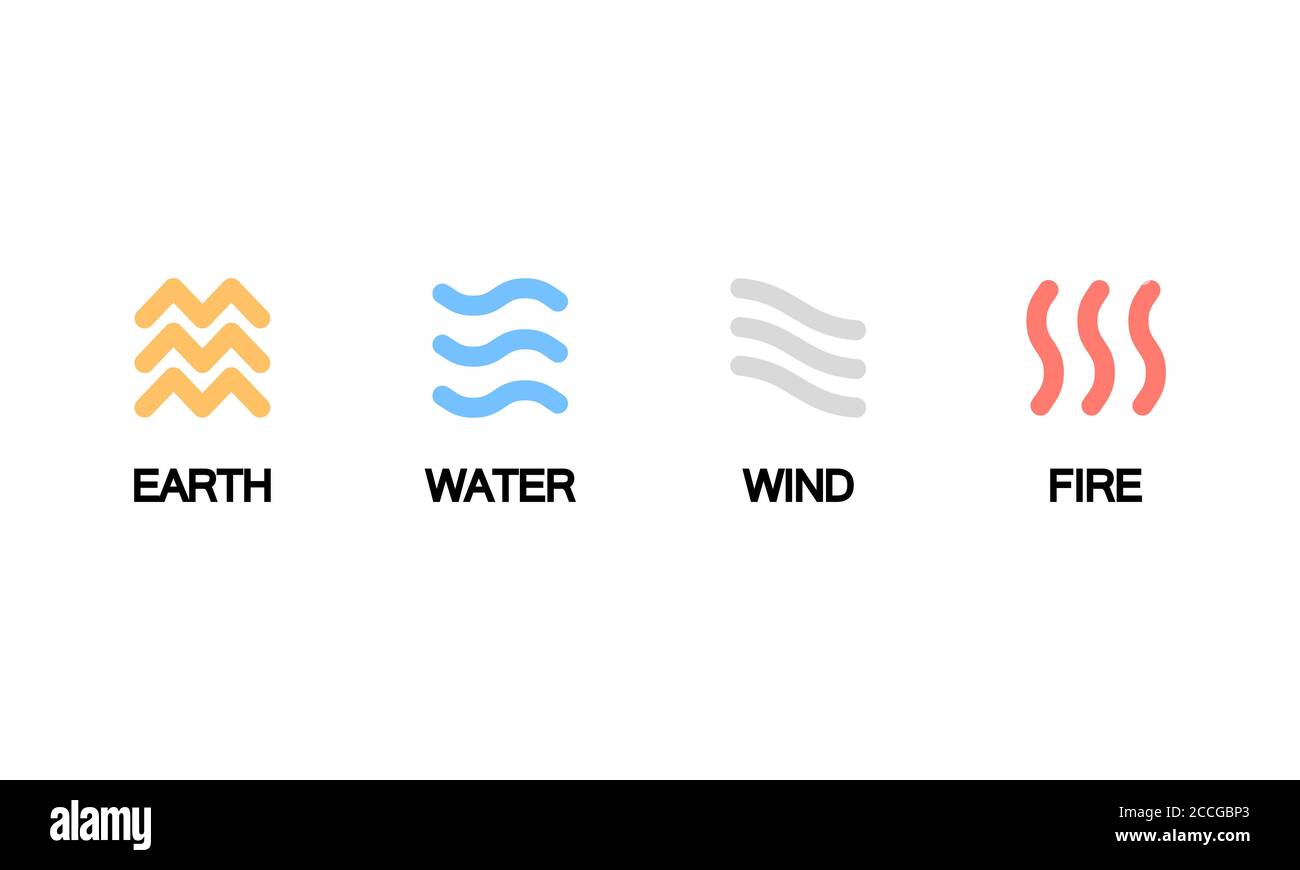 Icona quattro elementi. Terra, acqua, vento e fuoco. Vettore su sfondo bianco isolato. EPS 10 Illustrazione Vettoriale