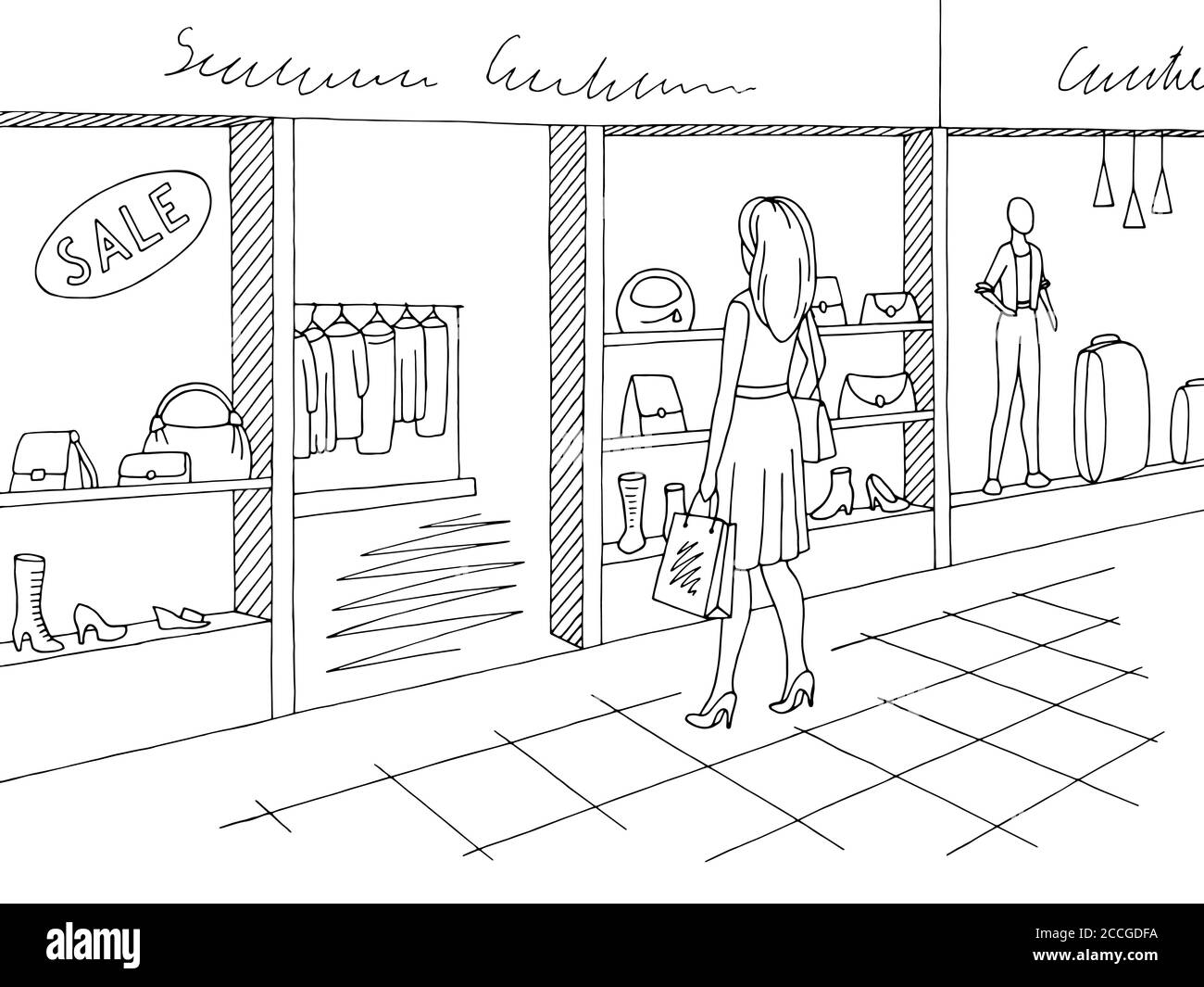 Grafico del centro commerciale grafico bianco nero illustrazione dello schizzo interno vettore. Donna in piedi Illustrazione Vettoriale