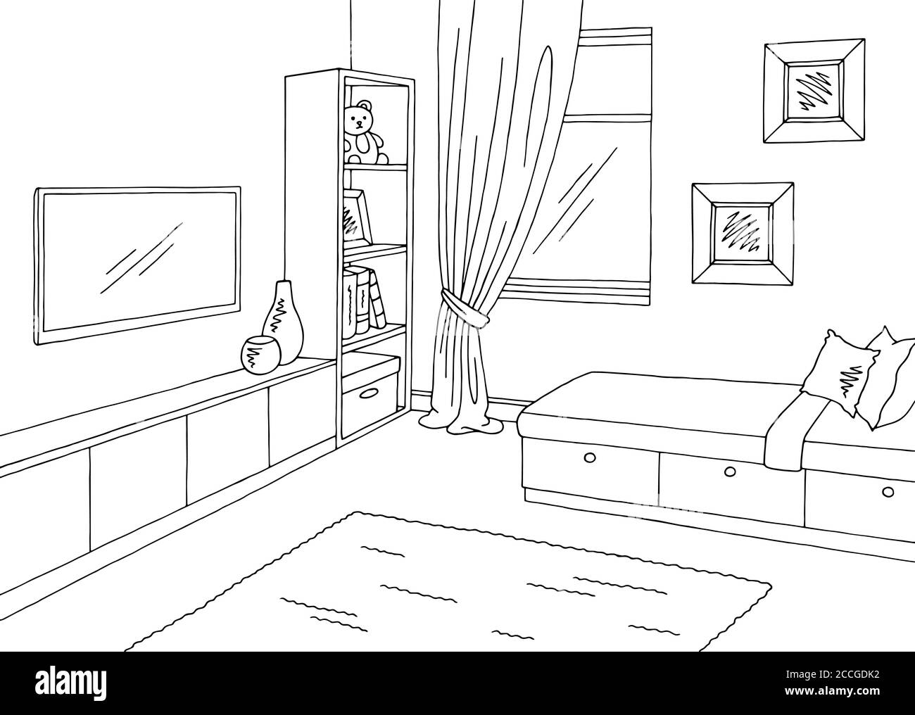 Grafica camera bambini nero bianco disegno interno illustrazione vettore Illustrazione Vettoriale