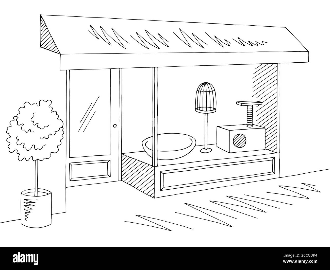 Negozio PET grafico esterno nero bianco illustrazione schizzo vettore Illustrazione Vettoriale