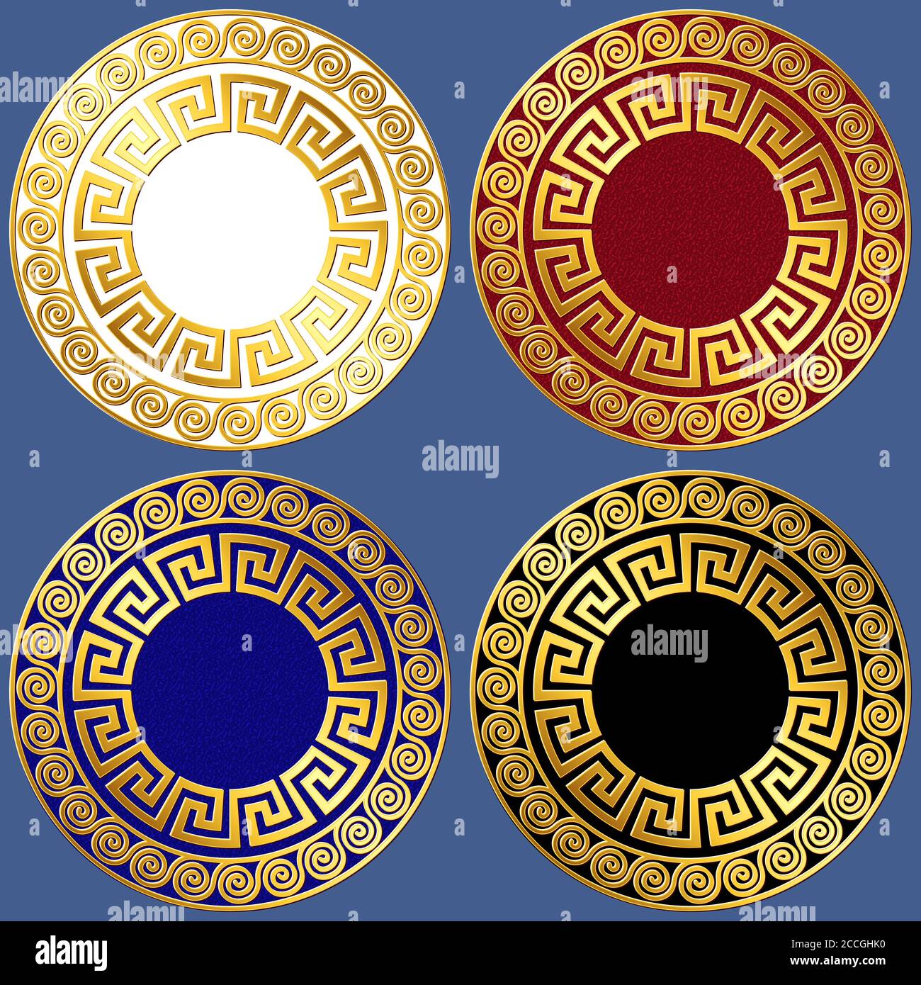 Set di ornamenti greci in cerchio d'oro, motivo Meander, su sfondo nero, bianco, rosso e blu Illustrazione Vettoriale