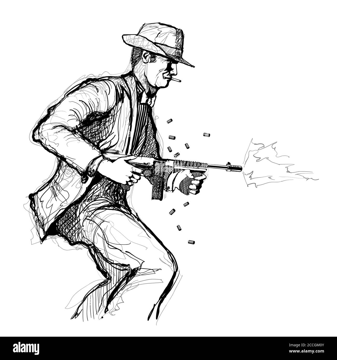 Gangster con mitragliatrice - illustrazione vettoriale (ideale per la stampa su tessuto o carta, poster o carta da parati, decorazioni per la casa) Illustrazione Vettoriale