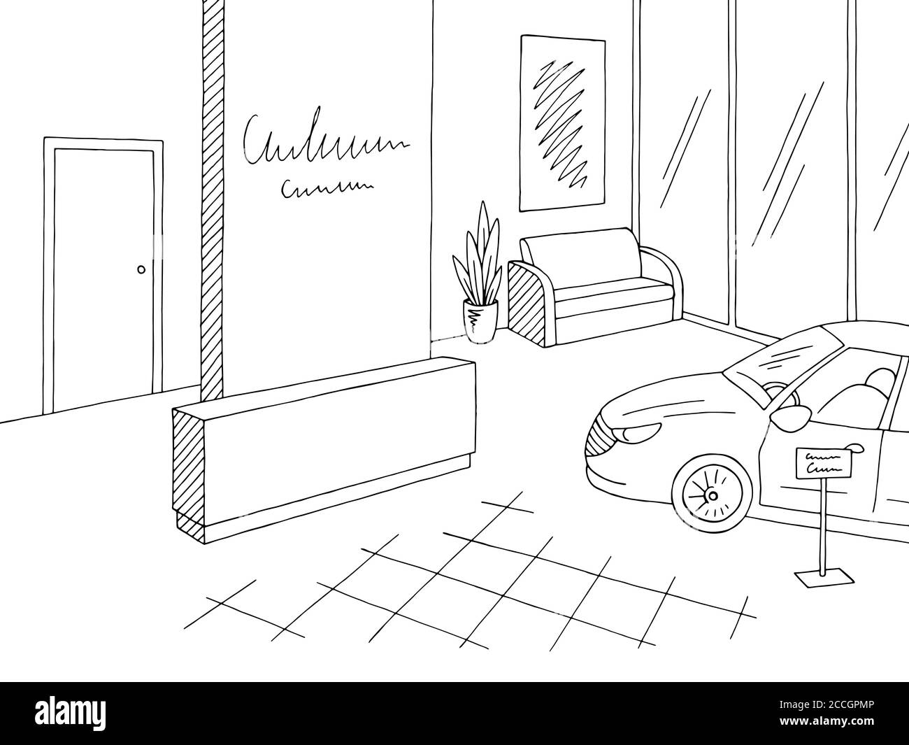 Grafica per showroom auto in bianco nero grafico per lo schizzo interno del negozio vettore Illustrazione Vettoriale