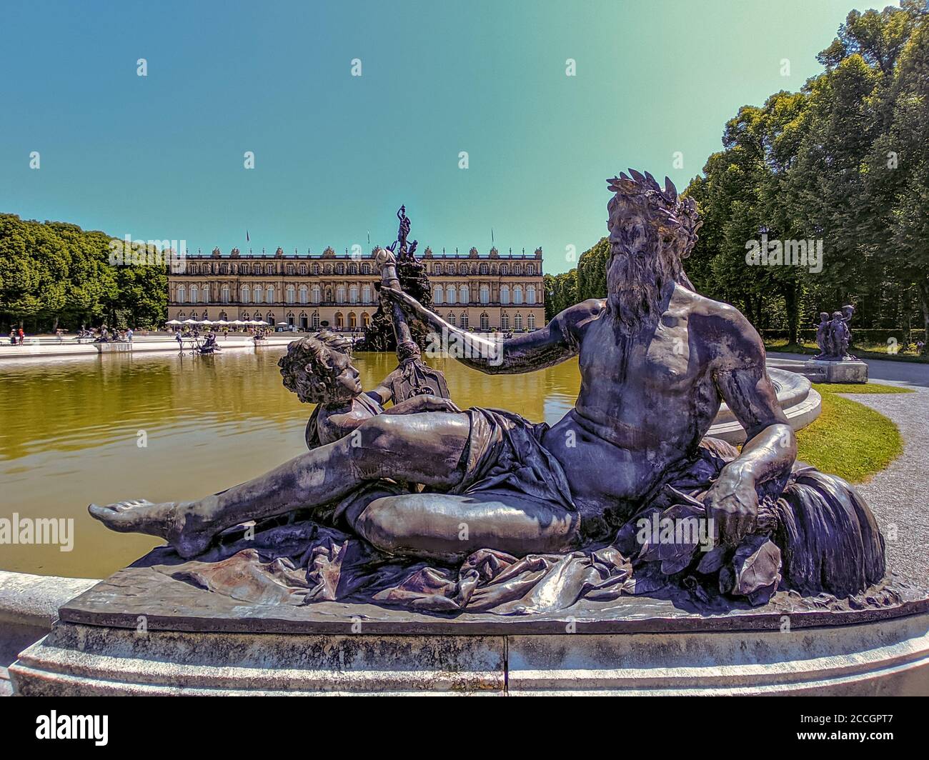 Palazzo e fontana di Herrenchiemsee, punto di riferimento in Germania e imitazione del palazzo di Versailles. Foto Stock