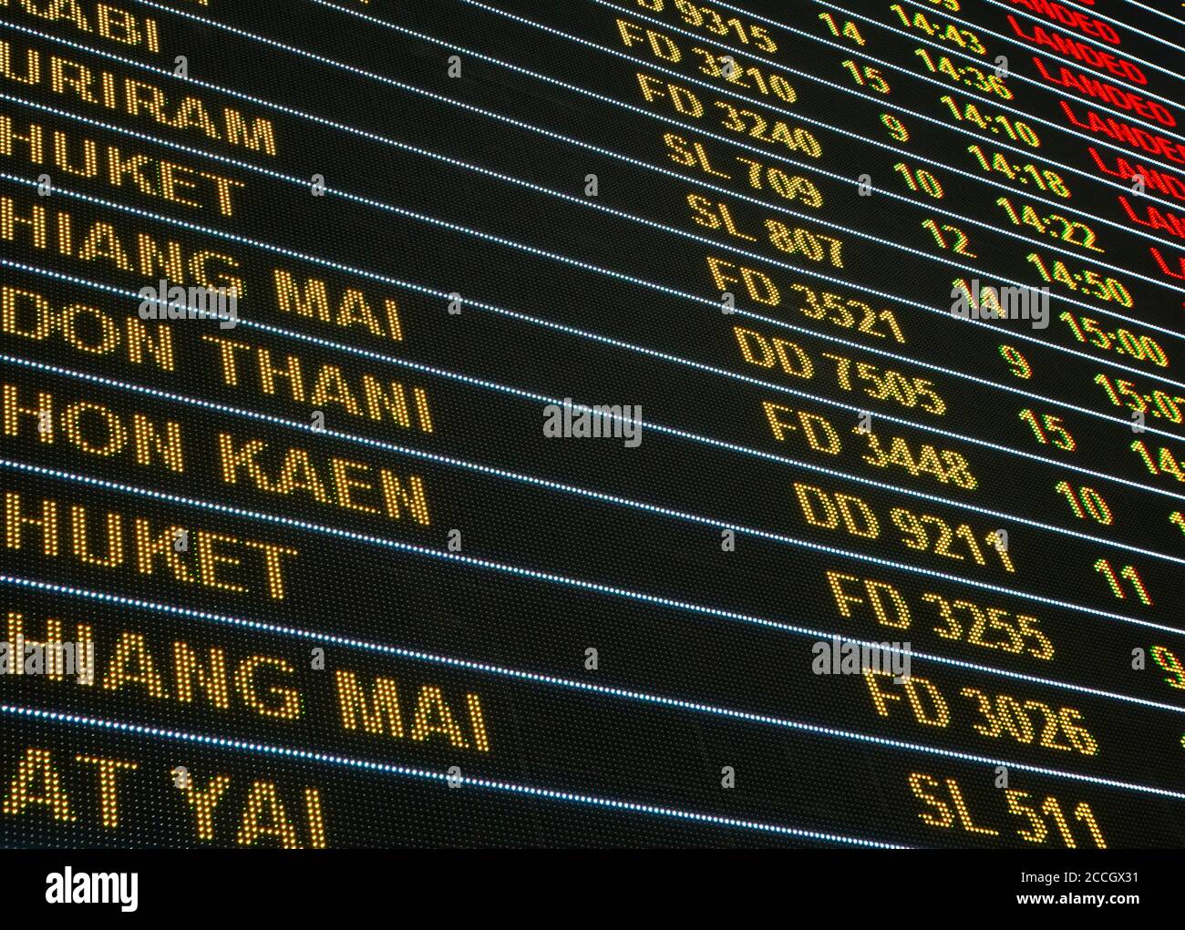 Concetto di affari di viaggio di volo dell'aeroporto: Informazioni di volo dell'aeroporto, partenza, bordo di segno LED di arrivo per sfondo Foto Stock