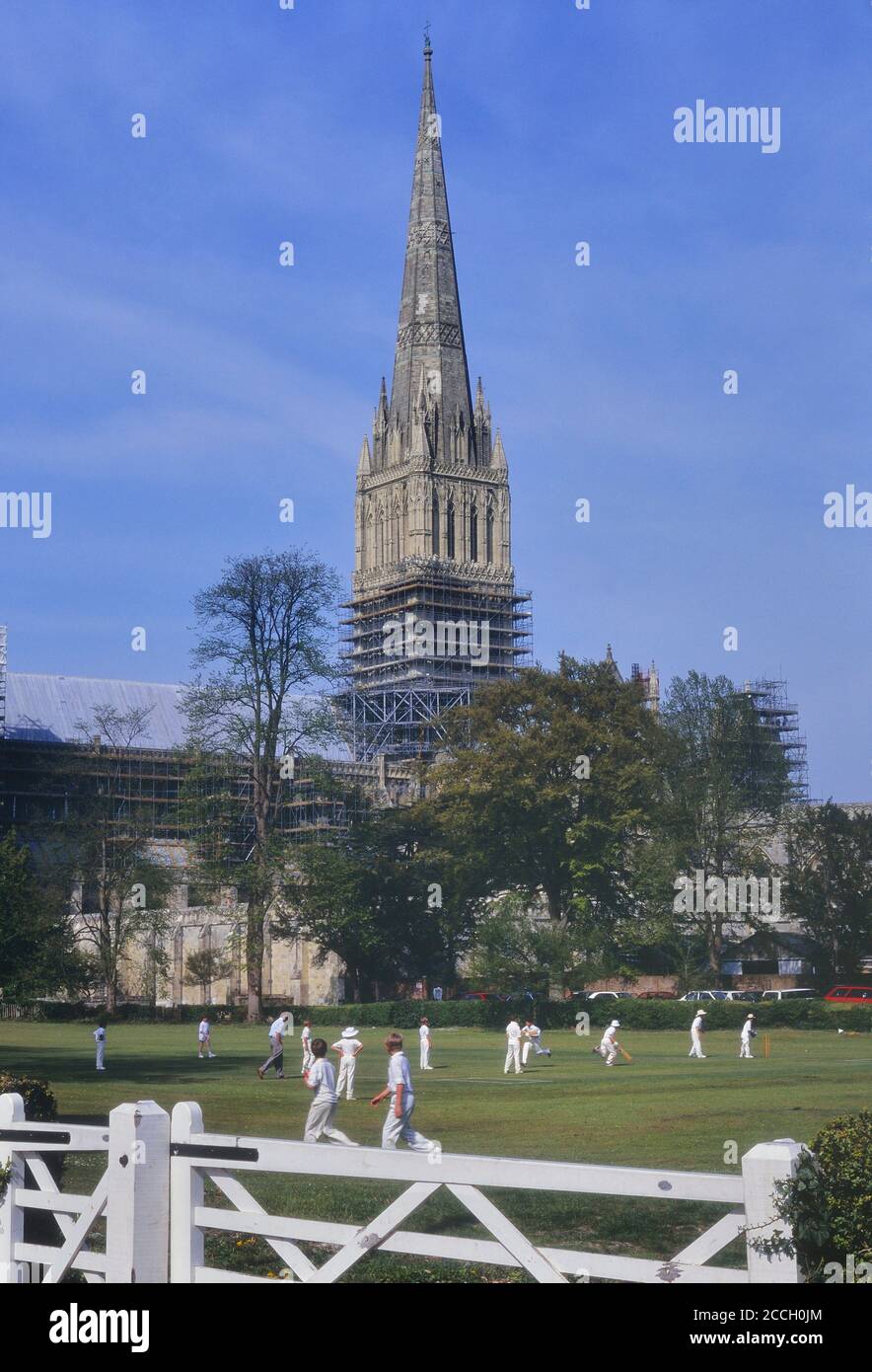 La partita di cricket dei ragazzi si svolge in vista della cattedrale di Salisbury, nel Wiltshire, Inghilterra, Regno Unito. Circa anni '90 Foto Stock
