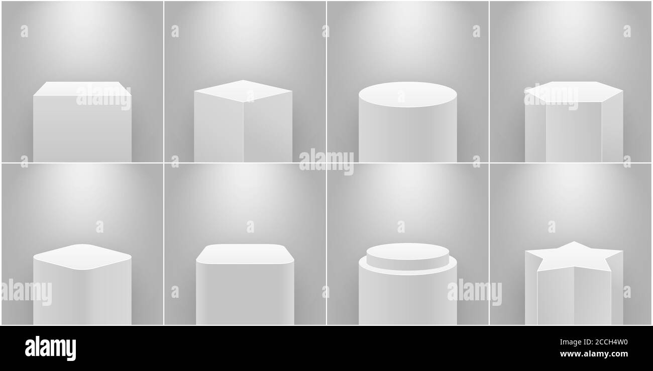 Palco del museo. Piedistallo del prodotto vuoto, colonna bianca. Piattaforma per esposizione, podio expo e riflettori 3d realistico isolato insieme vettoriale Illustrazione Vettoriale