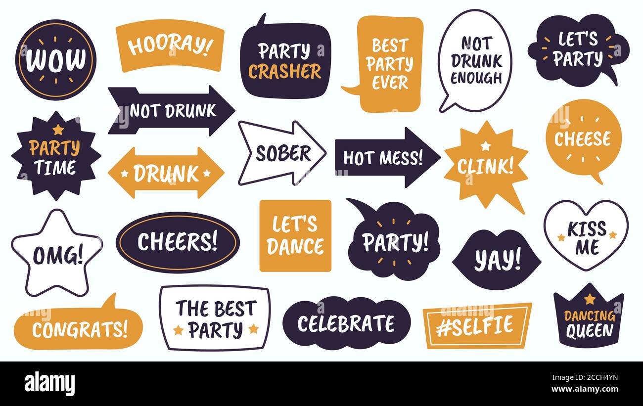 Parti di sostegno. Bolle nere e gialle con citazioni divertenti, stand di foto per mascherata, natale e nuove bolle di parlato vettore anno Illustrazione Vettoriale