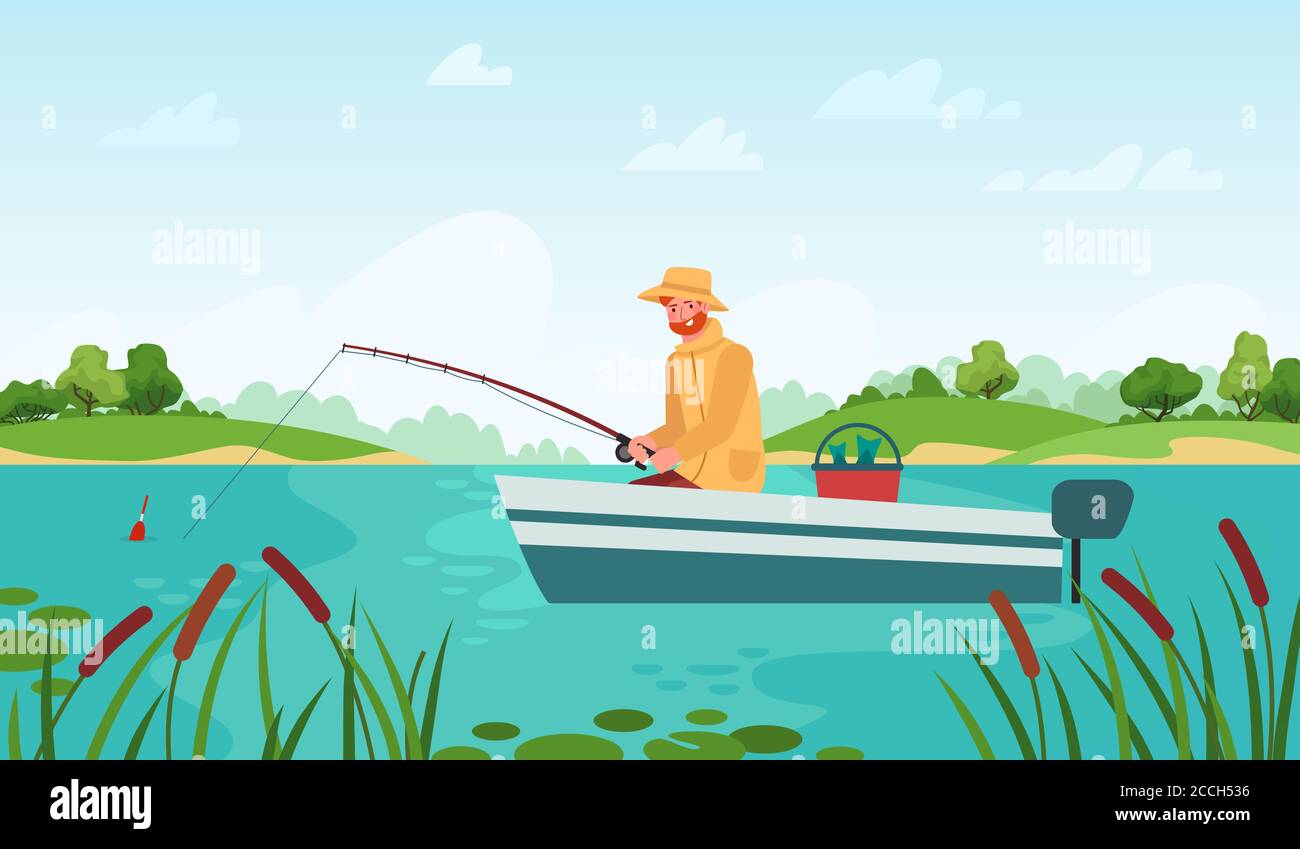 Pesca del pescatore. Uomo in barca con canna da pesca in attesa di pesce sgranato, hobby relax all'aperto paesaggio cartoon concetto vettoriale estate Illustrazione Vettoriale
