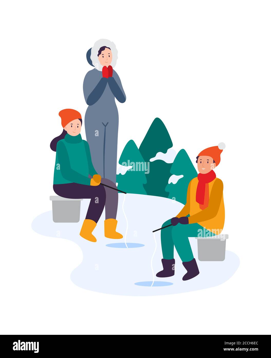 Attività invernali. Pesca in famiglia insieme. Pescatori pesca su stagno ghiacciato. Ragazza e ragazzo seduti con il bastone Illustrazione Vettoriale