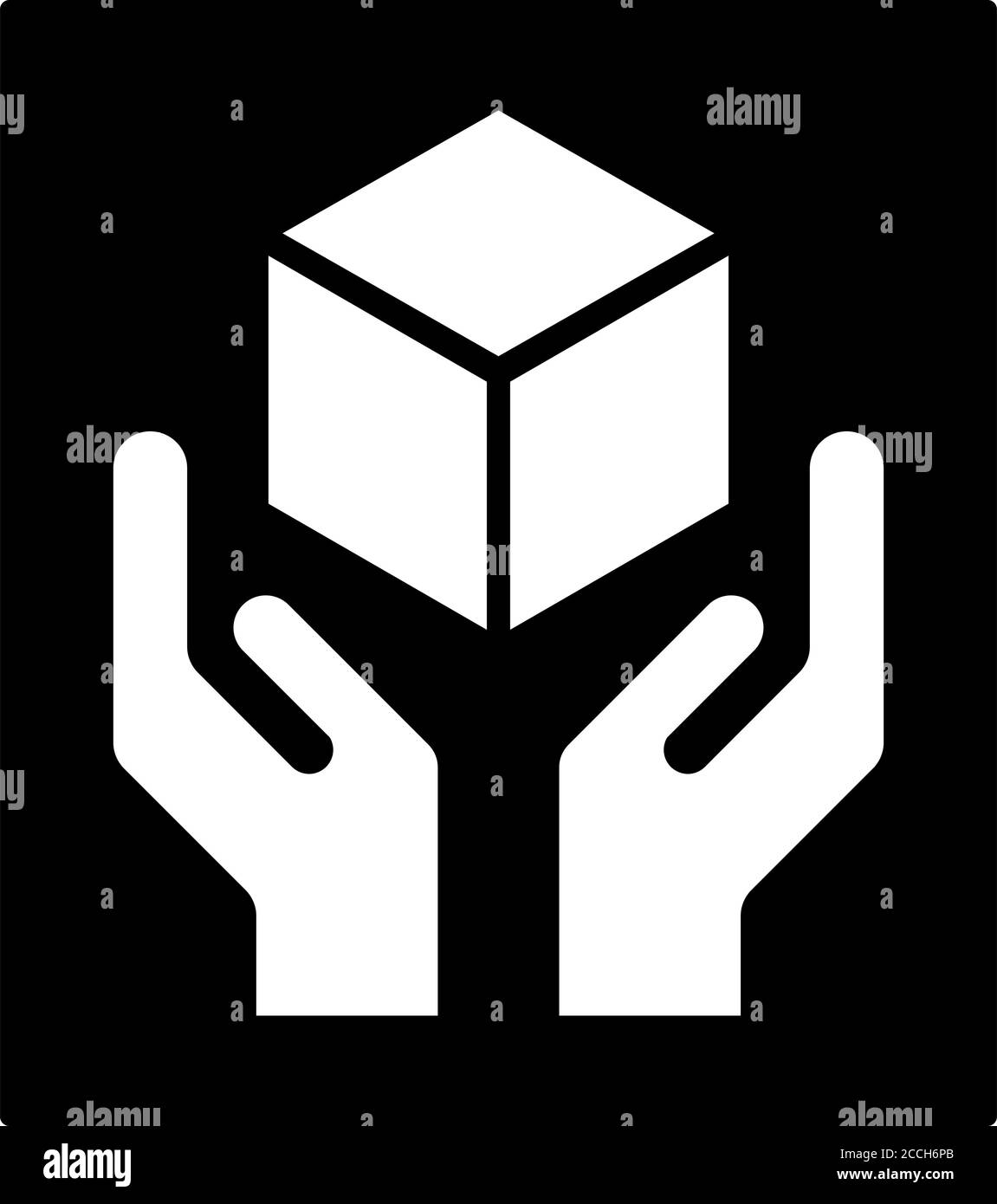 Maneggiare con l'icona piatta bianca di cura isolata su sfondo nero. Simbolo della confezione fragile. Illustrazione vettore etichetta . Illustrazione Vettoriale