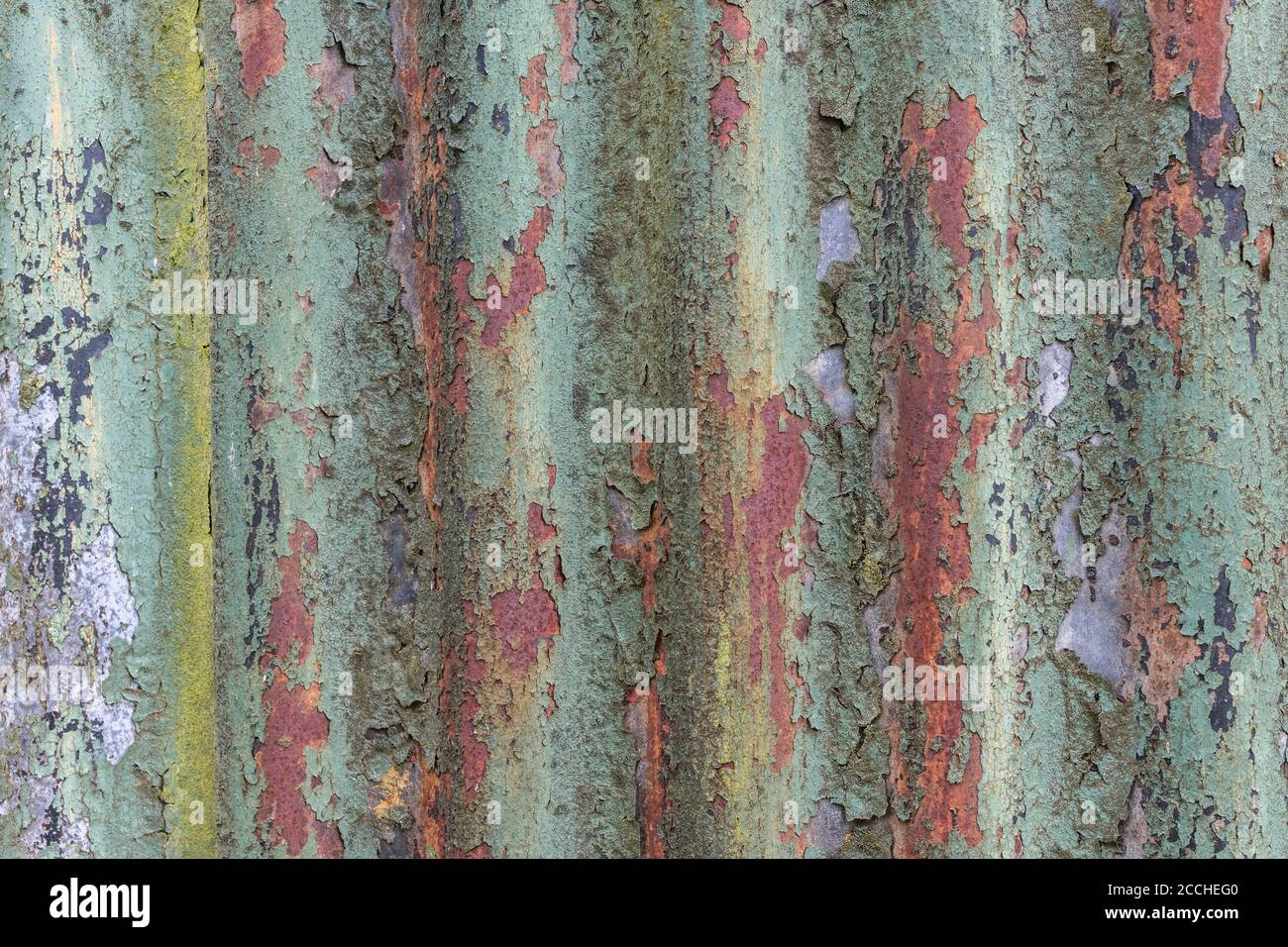 Colori arancio sbiadito e teal di vernice sfaldante e arrugginito stagno giardino capannone. Bella vecchia vernice texture sbiadito dalla luce. Foto Stock