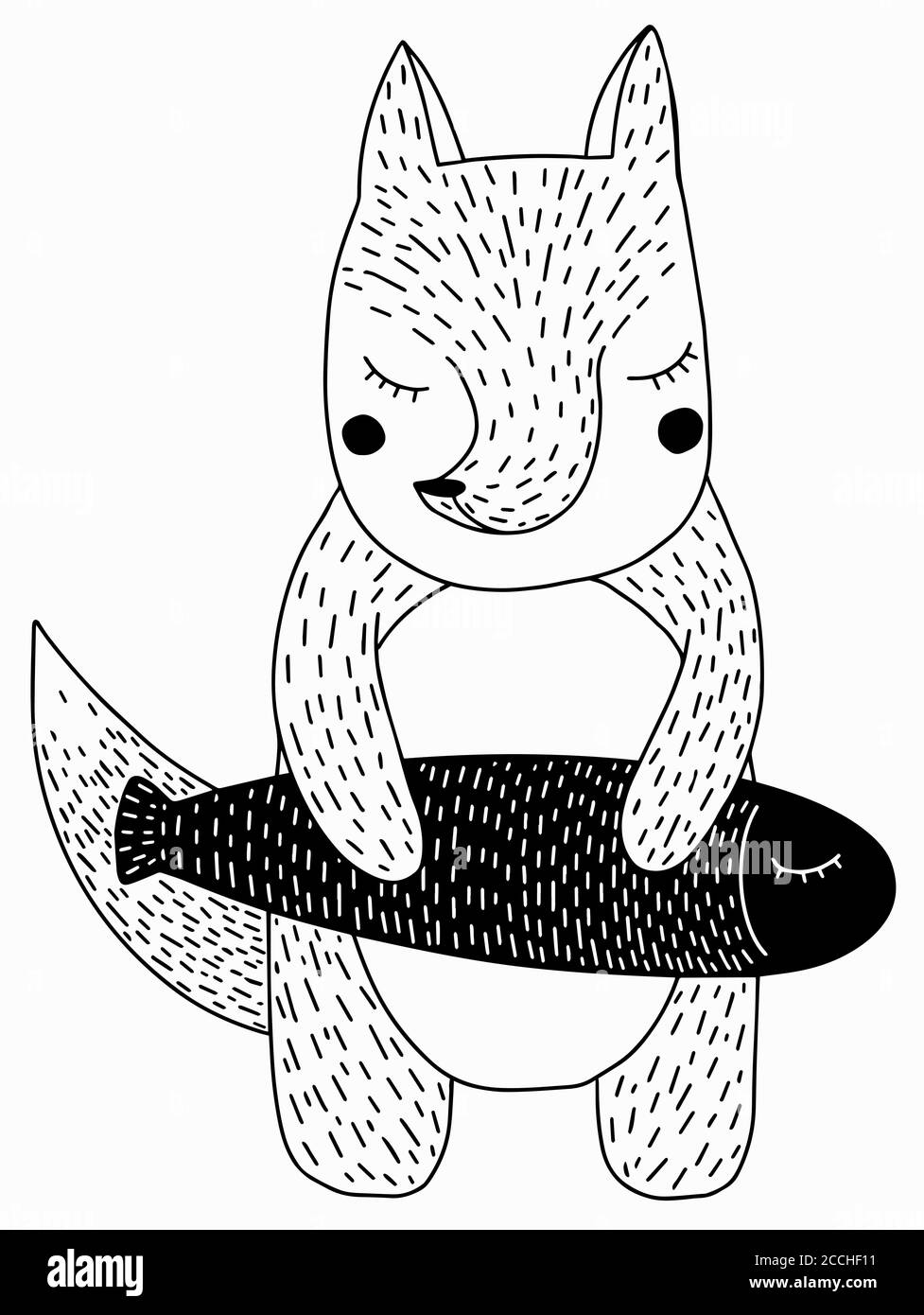 Carino personaggio di Fox e pesce in stile scandinavo disegnato a mano Illustrazione vettoriale Doodle Illustrazione Vettoriale