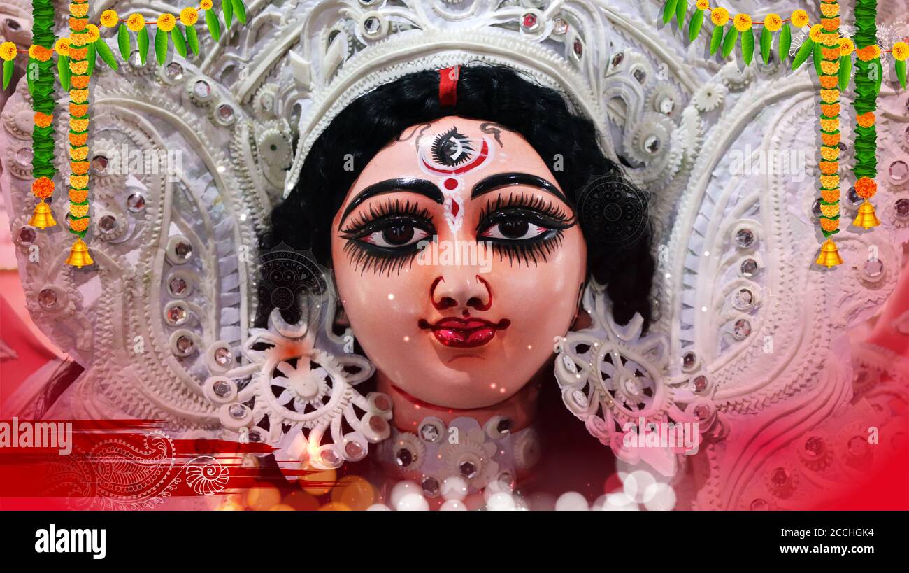 Dea Durga faccia in felice Durga Puja Sub Navratri indiano sfondo banner intestazione religiosa Foto Stock