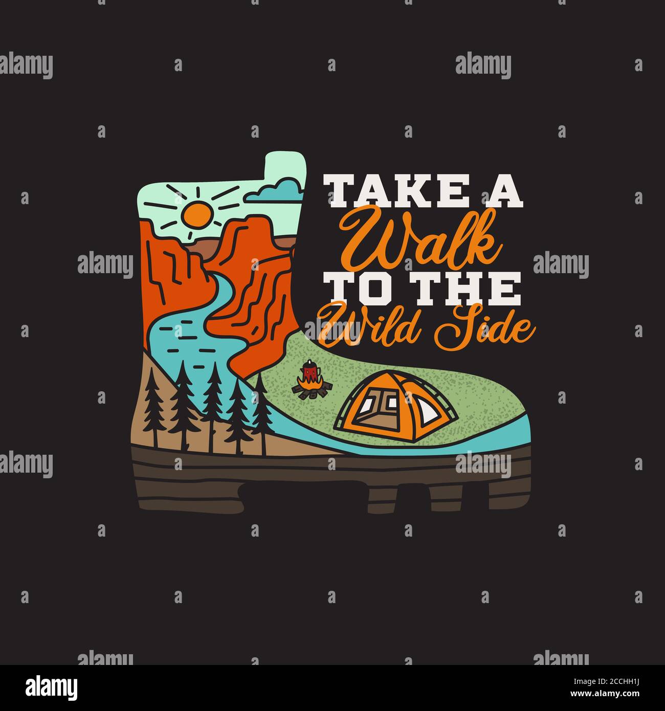 Design d'illustrazione del badge d'avventura vintage. Logo all'aperto con stivale da campeggio e citazione - fare una passeggiata al lato selvaggio. Incluse le montagne retrò, il fiume e. Illustrazione Vettoriale