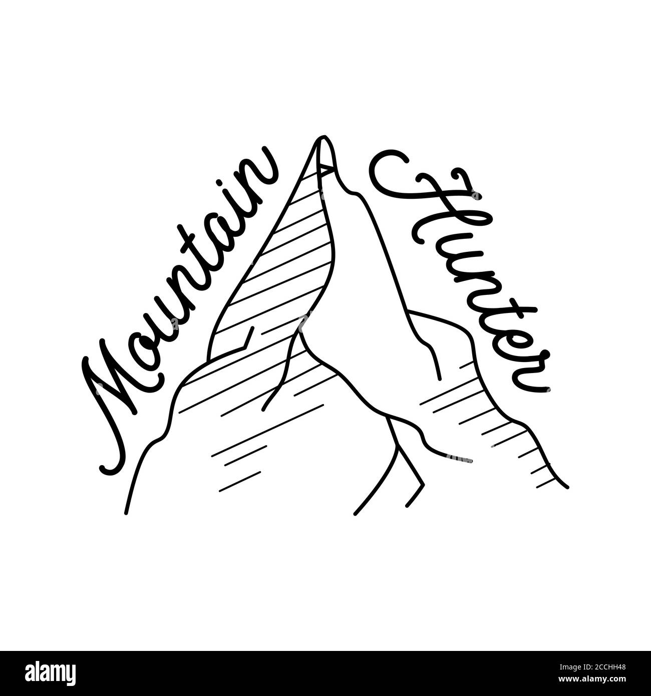 Design con logo vintage semplice da campo. Avventura all'aperto line art scena, trekking paesaggio. Concetto lineare di silhouette. Testo preventivo Mountain Hunter. Scorte Illustrazione Vettoriale